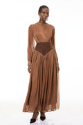 Gisela Brown Embroidered Ruched Maxi Dress