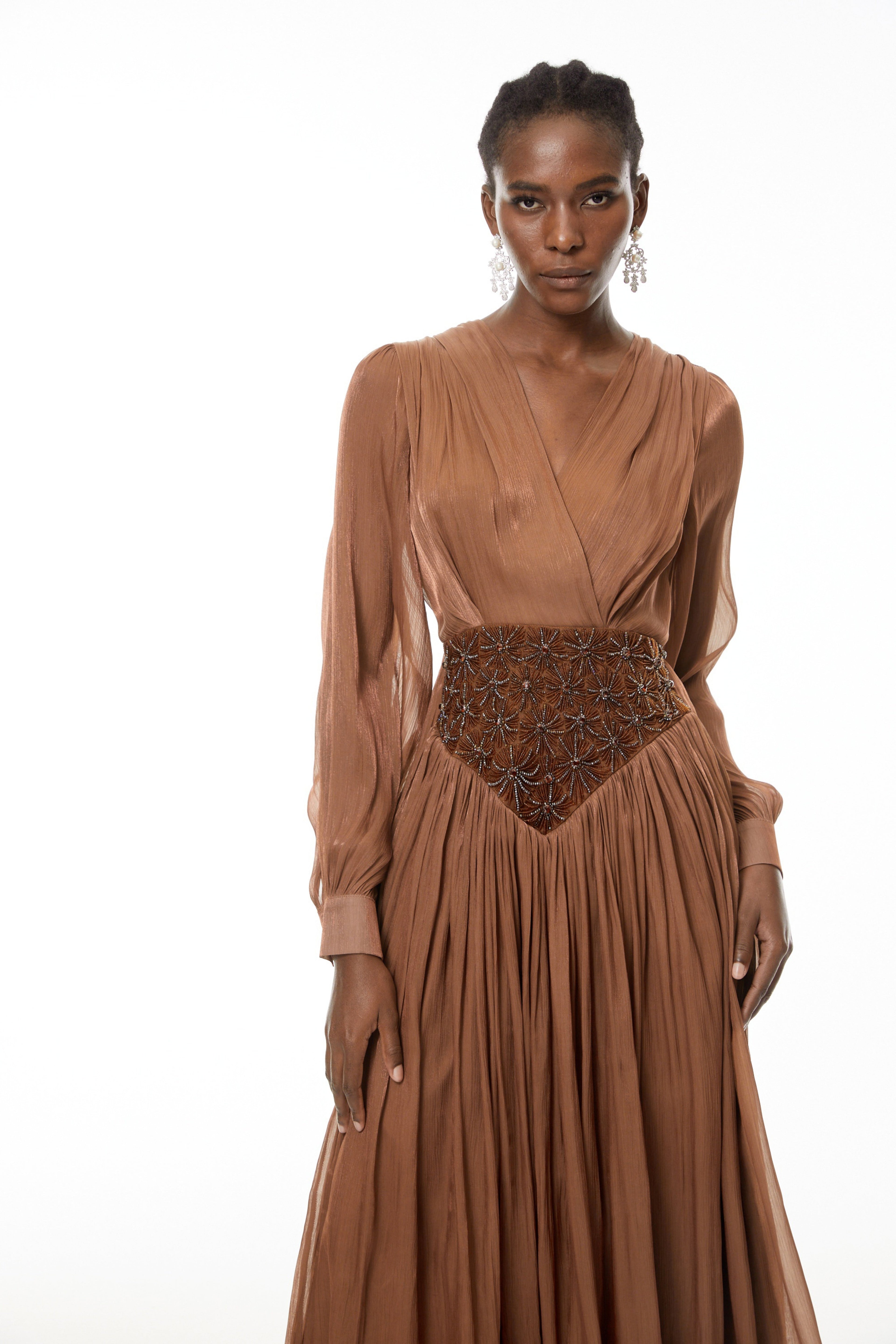 Gisela Brown Embroidered Ruched Maxi Dress