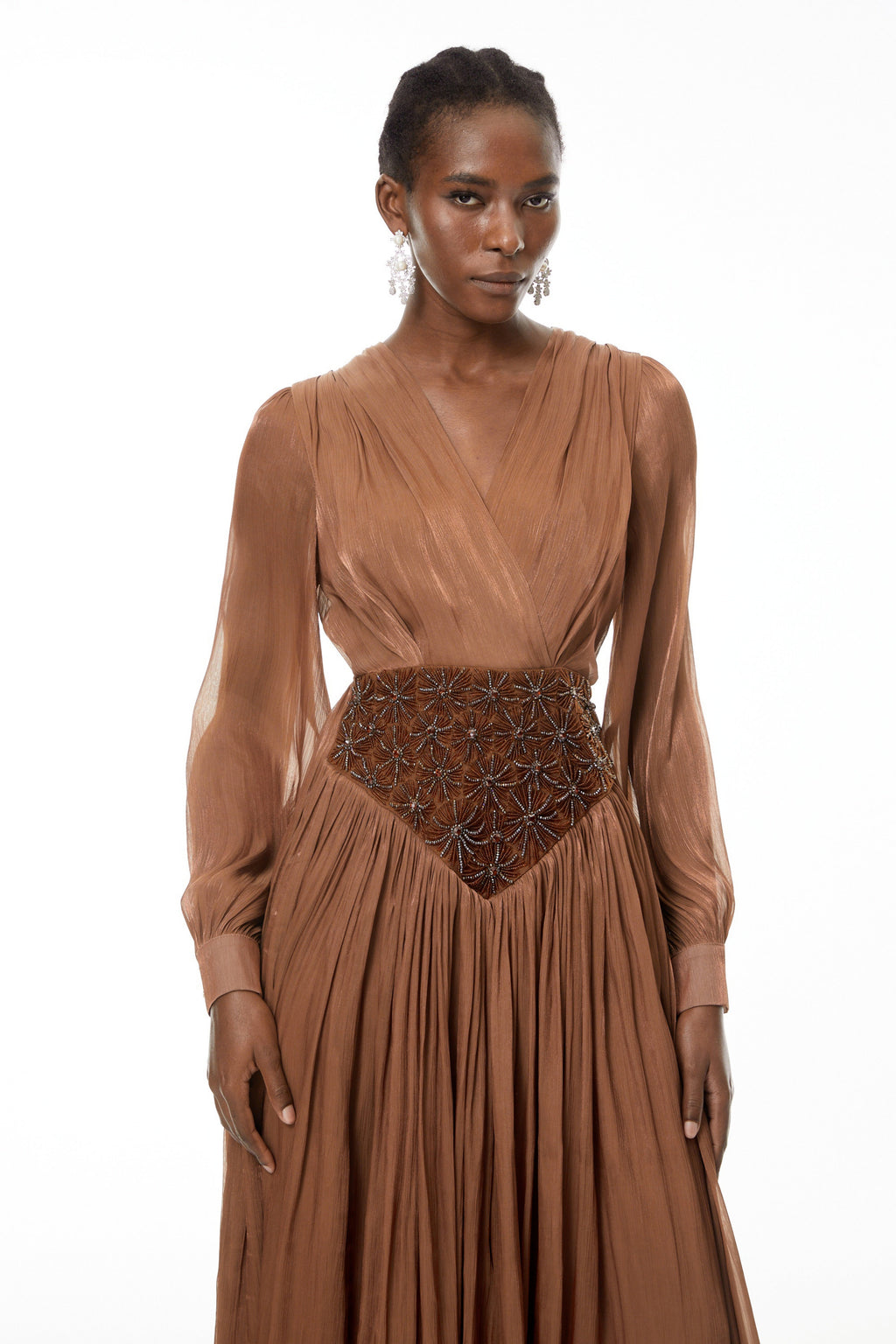 Gisela Brown Embroidered Ruched Maxi Dress