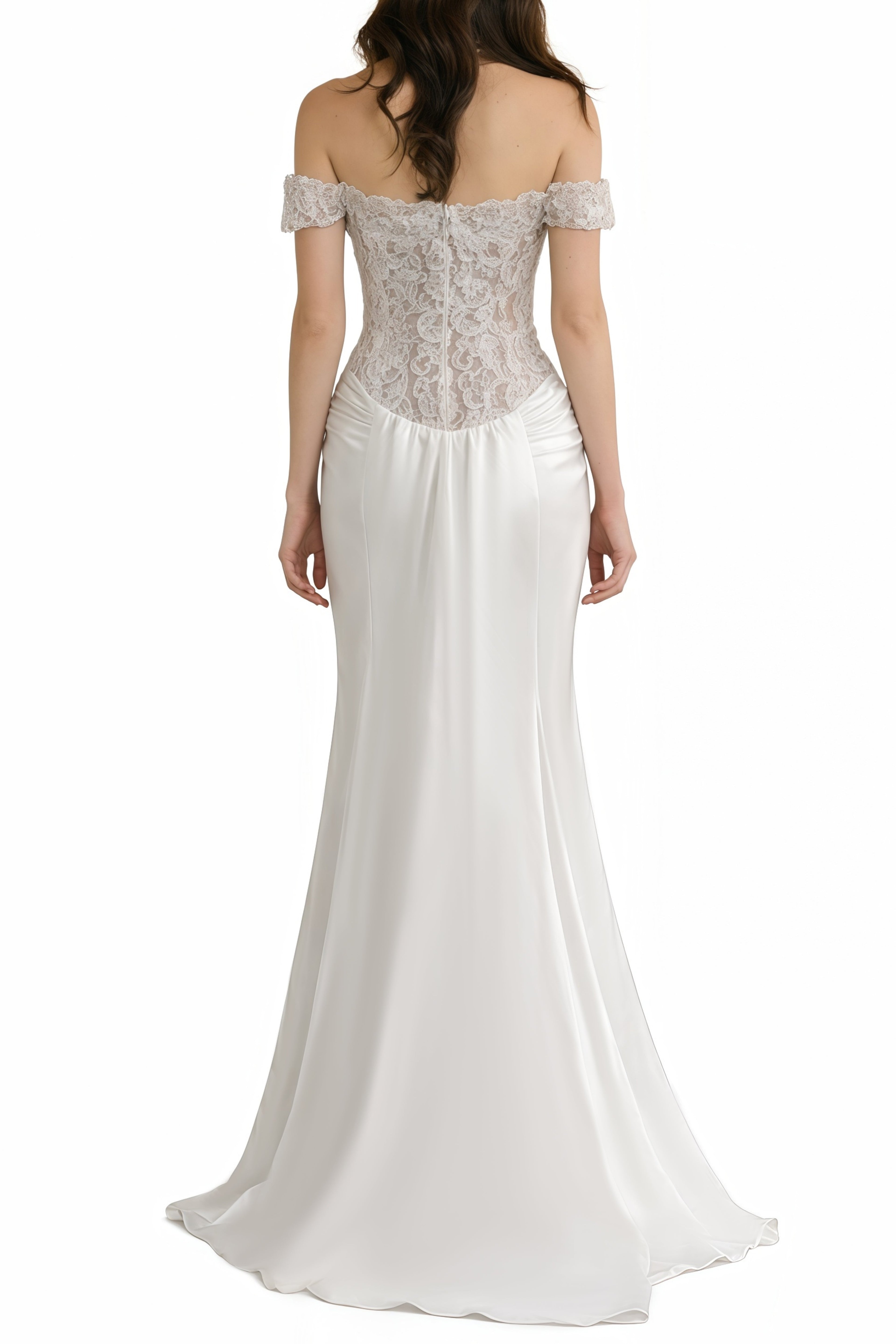 Vestido largo de satén blanco Grace de MRNewyork con paneles de encaje, elegante y fluido para ocasiones especiales.