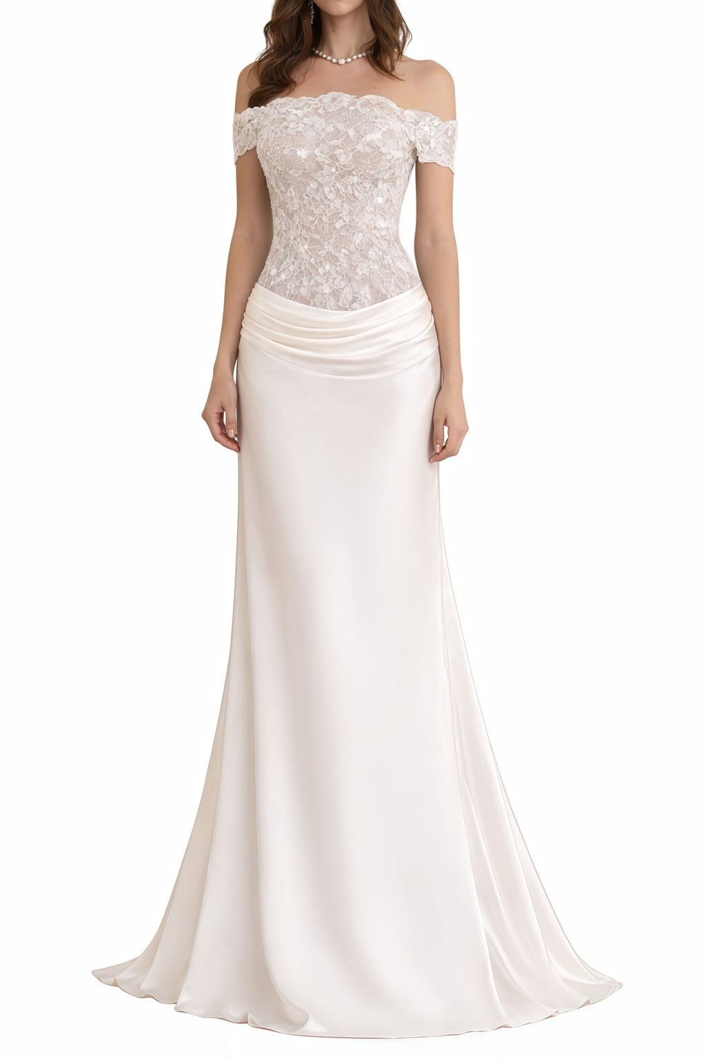 Vestido largo de satén blanco Grace de MRNewyork con paneles de encaje y diseño elegante para ocasiones especiales.