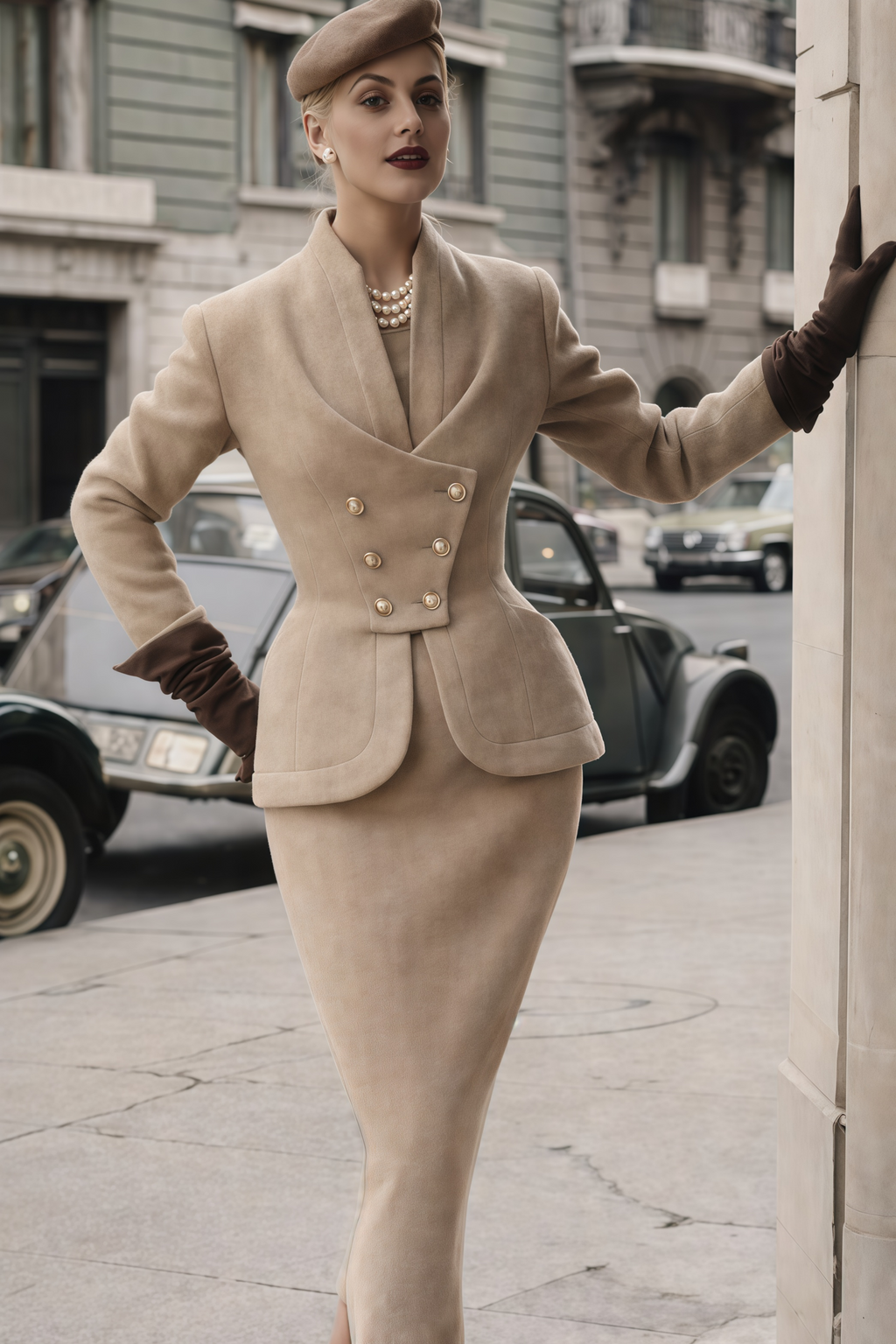Conjunto de chaqueta y falda doble botonadura gris de MRNewyork, modelo Gracie en vista frontal.