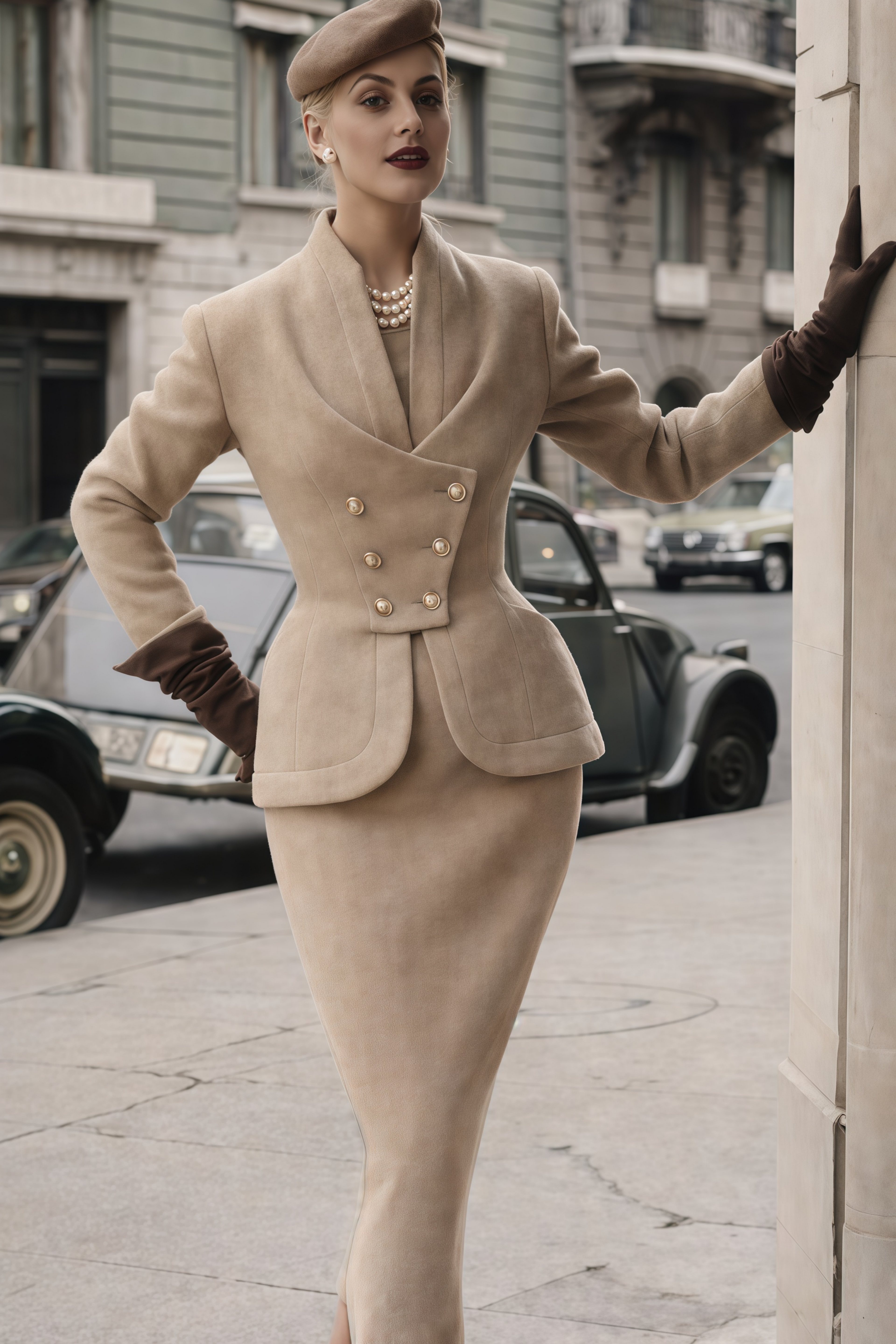 Conjunto de chaqueta y falda doble botonadura gris de MRNewyork, modelo Gracie en vista frontal.
