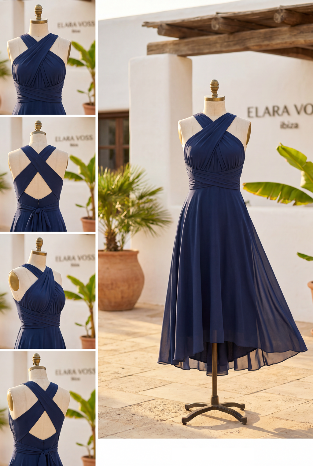 The Murano | Abito blu navy multiposizione con gonna asimmetrica