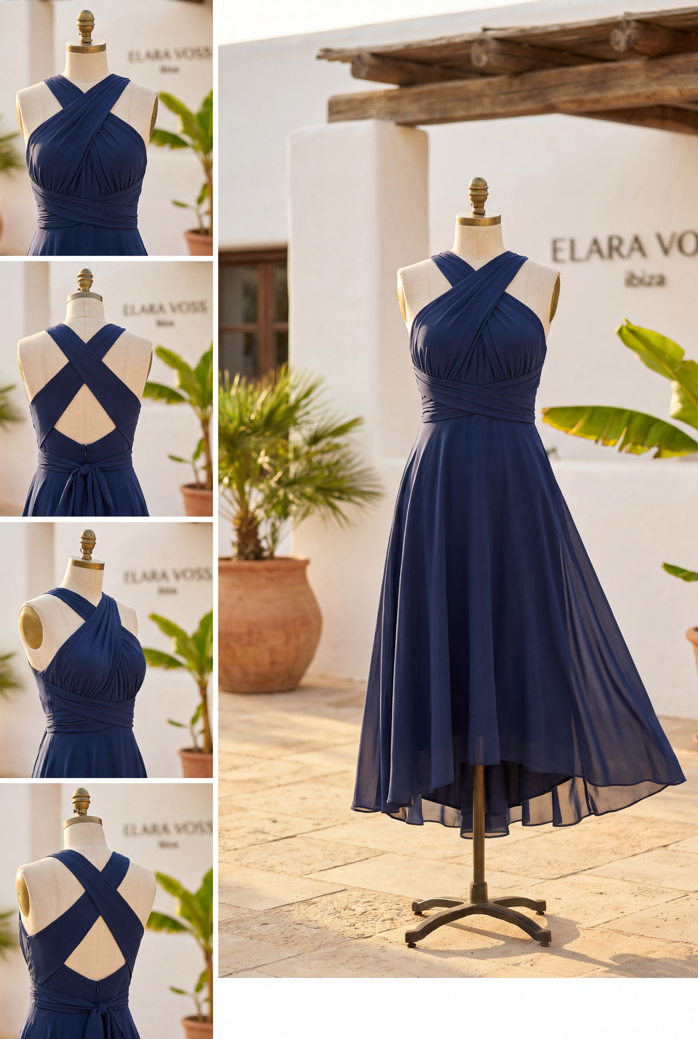 The Murano | Abito blu navy multiposizione con gonna asimmetrica