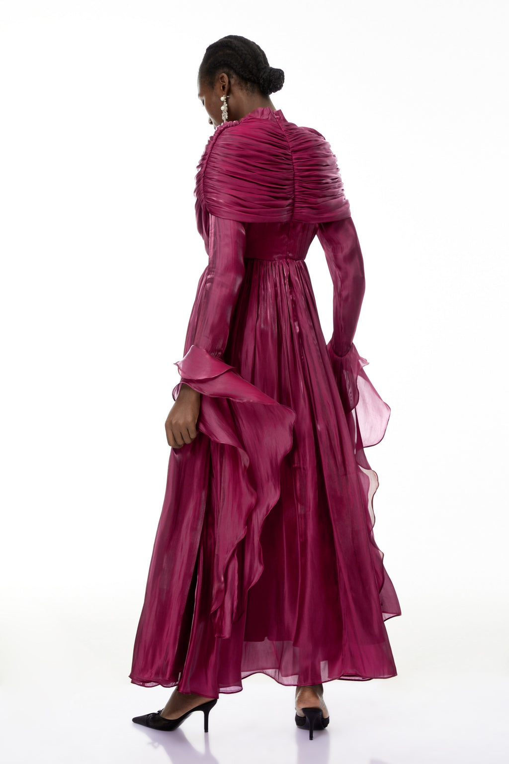 Gustave Burgundy Ruched Cape Ruffled Maxi Dress