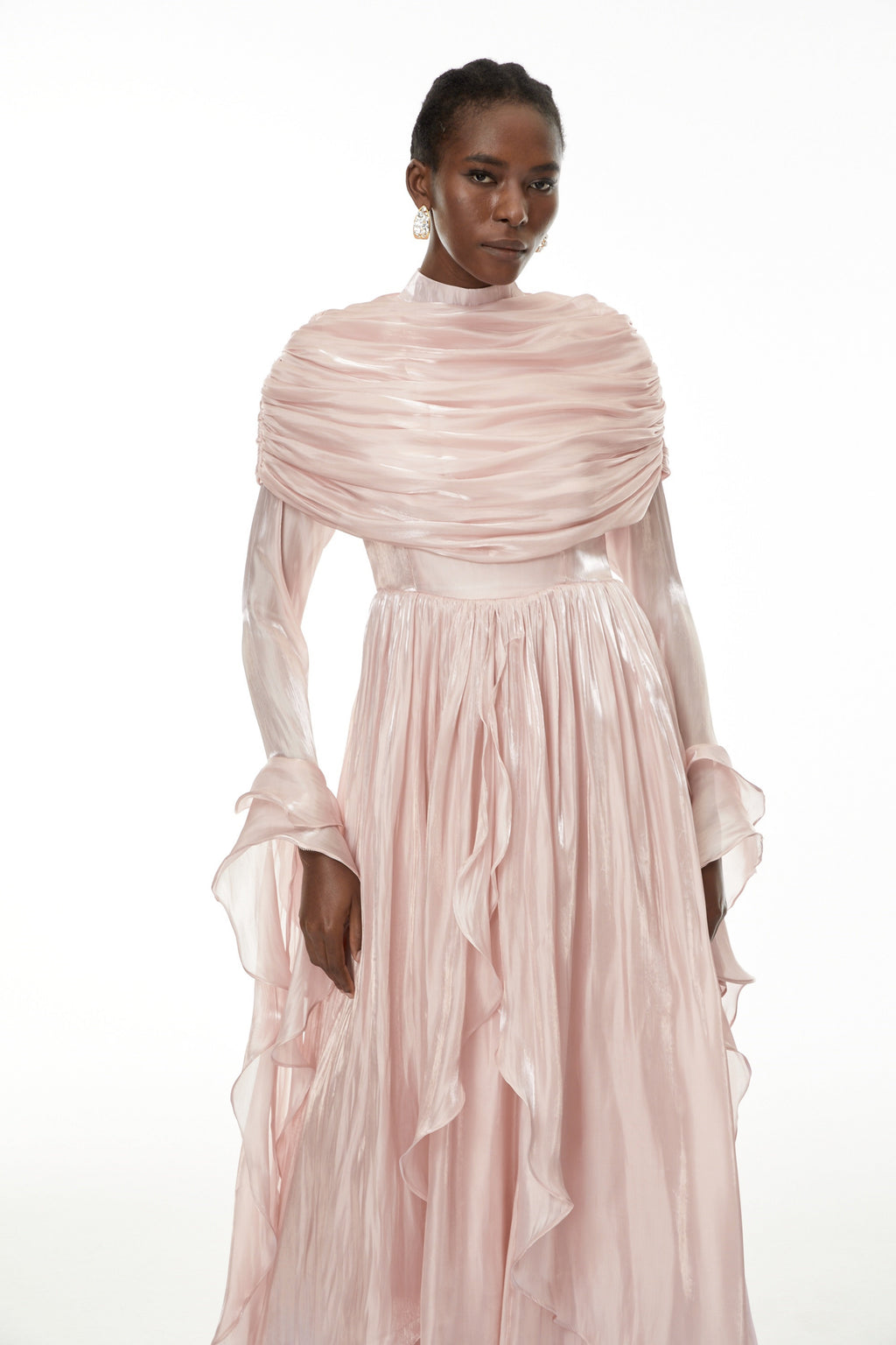 Gustave Pink Ruched Cape Ruffled Maxi Dress