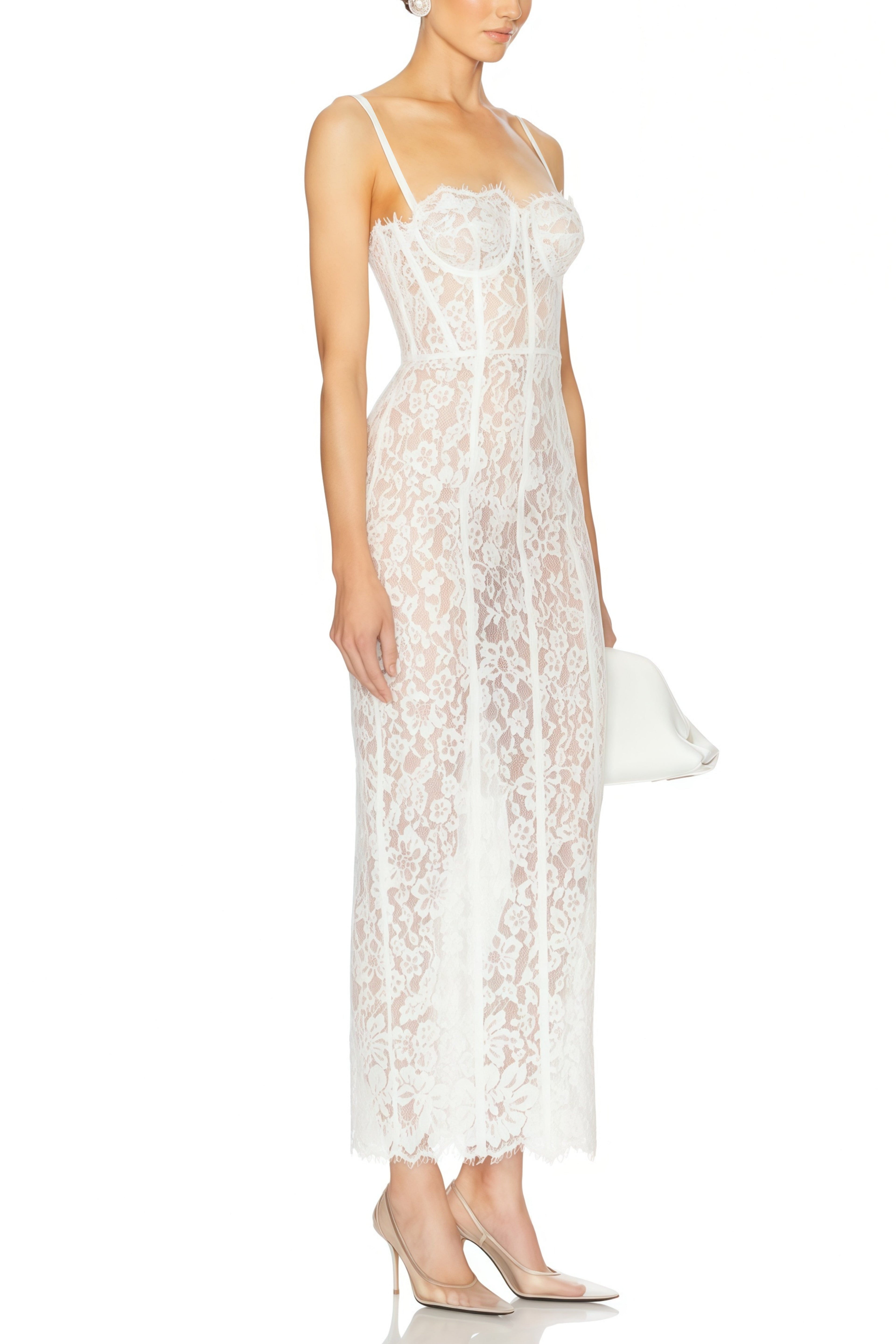 Vestido de novia largo Giorgia blanco con encaje floral y corsé, vestido maxi elegante y romántico para bodas.