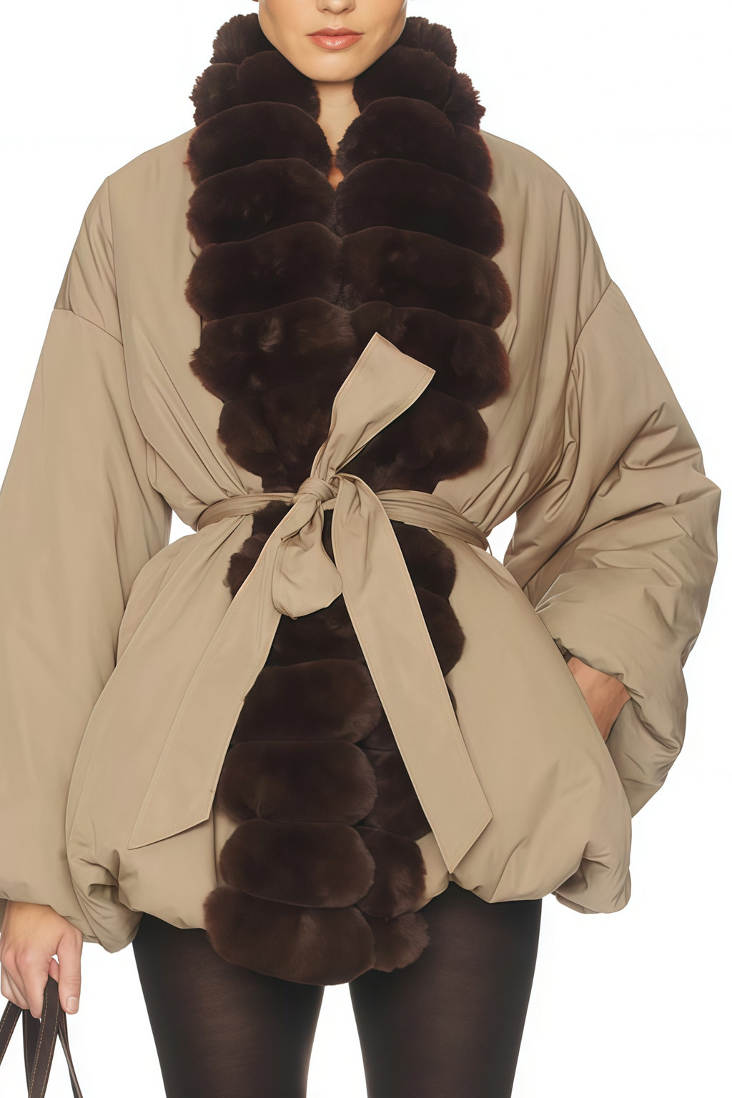 Chaqueta acolchada color caqui Bridal con ribete de piel y bajo con volumen burbuja, estilo elegante y moderno.