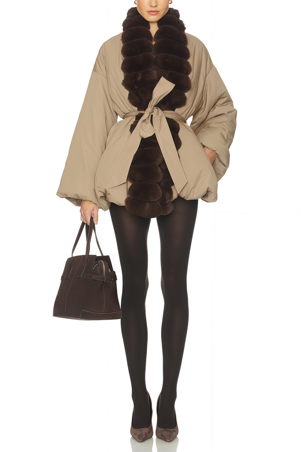 Chaqueta acolchada caqui Bridal con ribete de piel y bajo burbuja, detalles elegantes y cálidos para invierno.