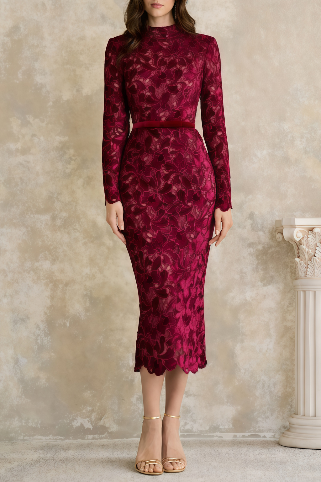 Vestido midi rojo con bordado floral de MRNewyork, diseño elegante y detallado, visible en la imagen.