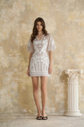 Vestido mini de encaje neutro Halsey de MRNewyork con aplicación de mariposa, mostrando detalles delicados y diseño elegante.