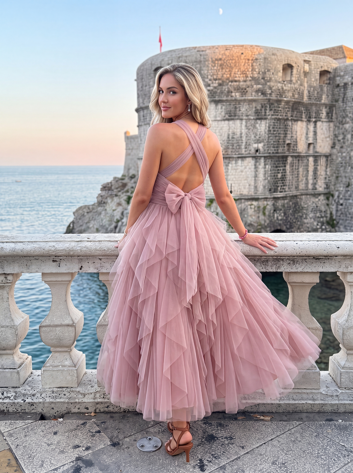 Abito midi in tulle con balze a cascata – Blu inchiostro Alissa