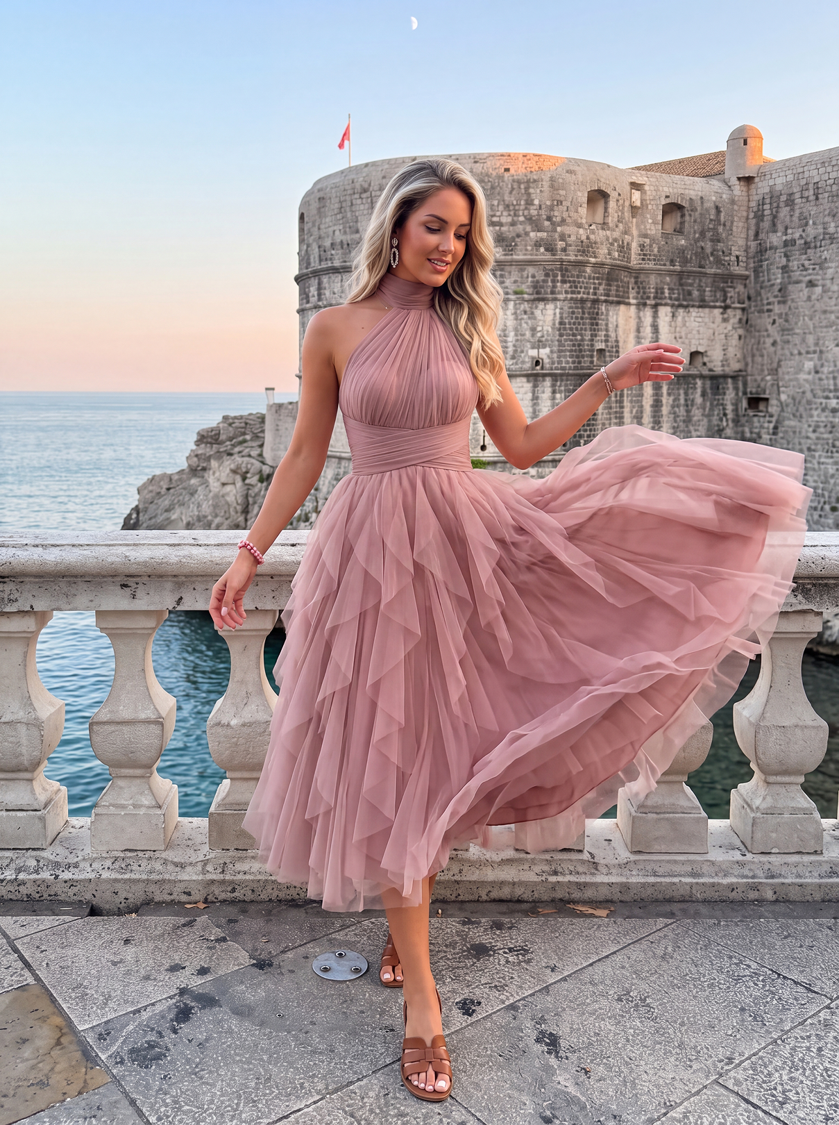 Abito midi in tulle con balze a cascata – Blu inchiostro Alissa