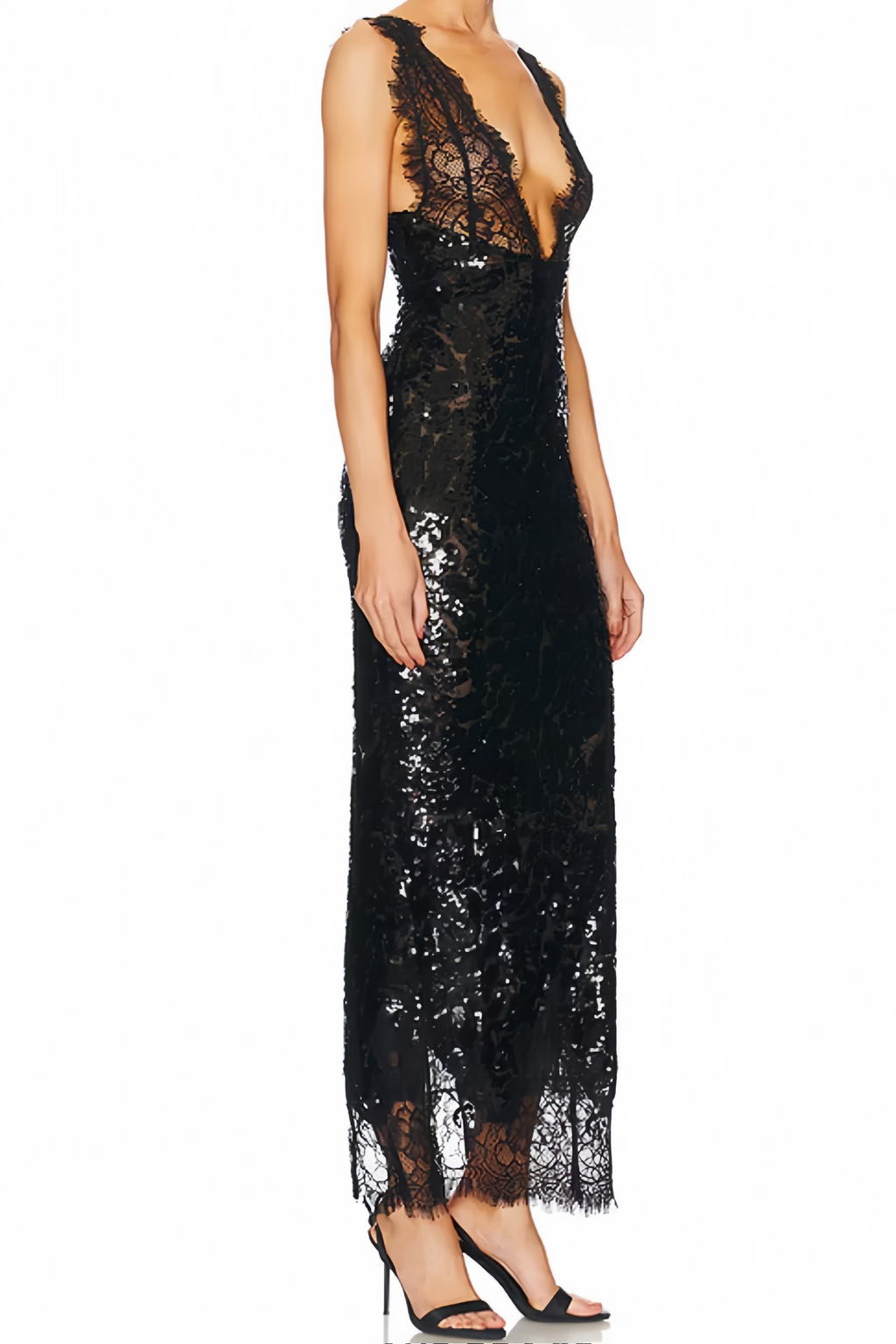 Vestido maxi negro con encaje y lentejuelas de la marca Final Sale, mostrando el diseño elegante y detalles en el panel de encaje.