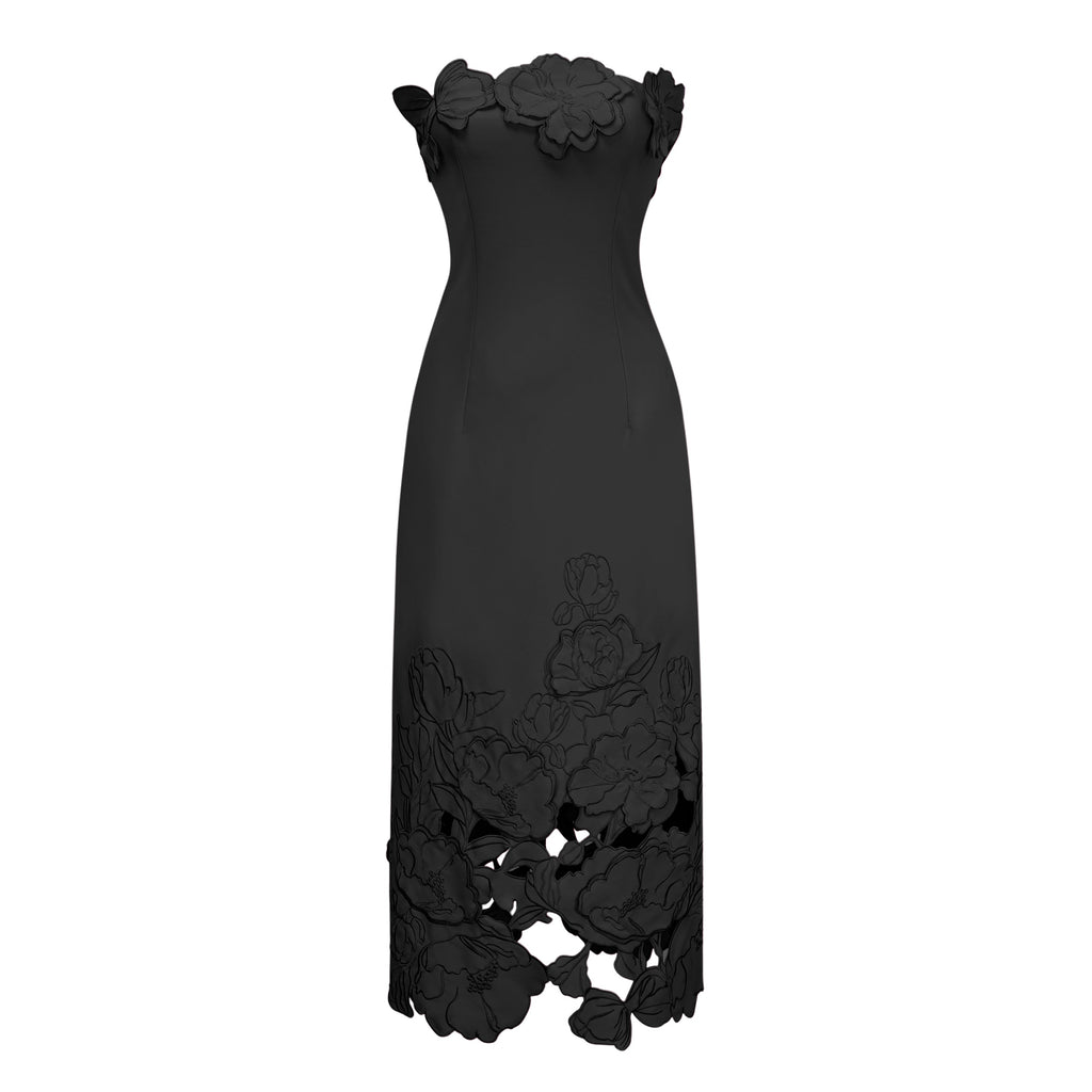 Vestido maxi negro sin tirantes de bordado floral de la marca MRNewyork, con diseño elegante y detalles bordados.