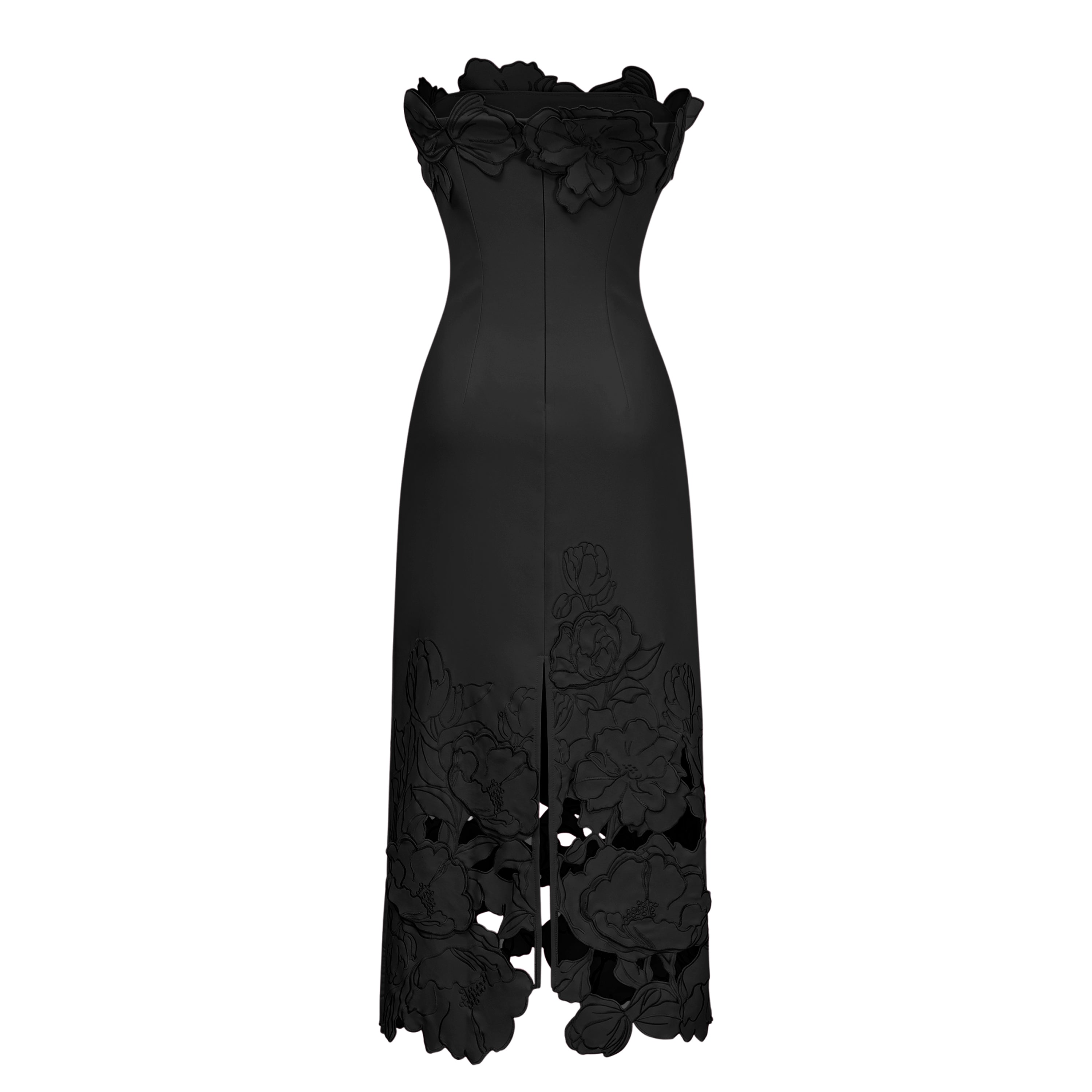 Vestido maxi negro sin tirantes con bordado floral, de la marca Bridal, con diseño elegante y detalles ornamentales.