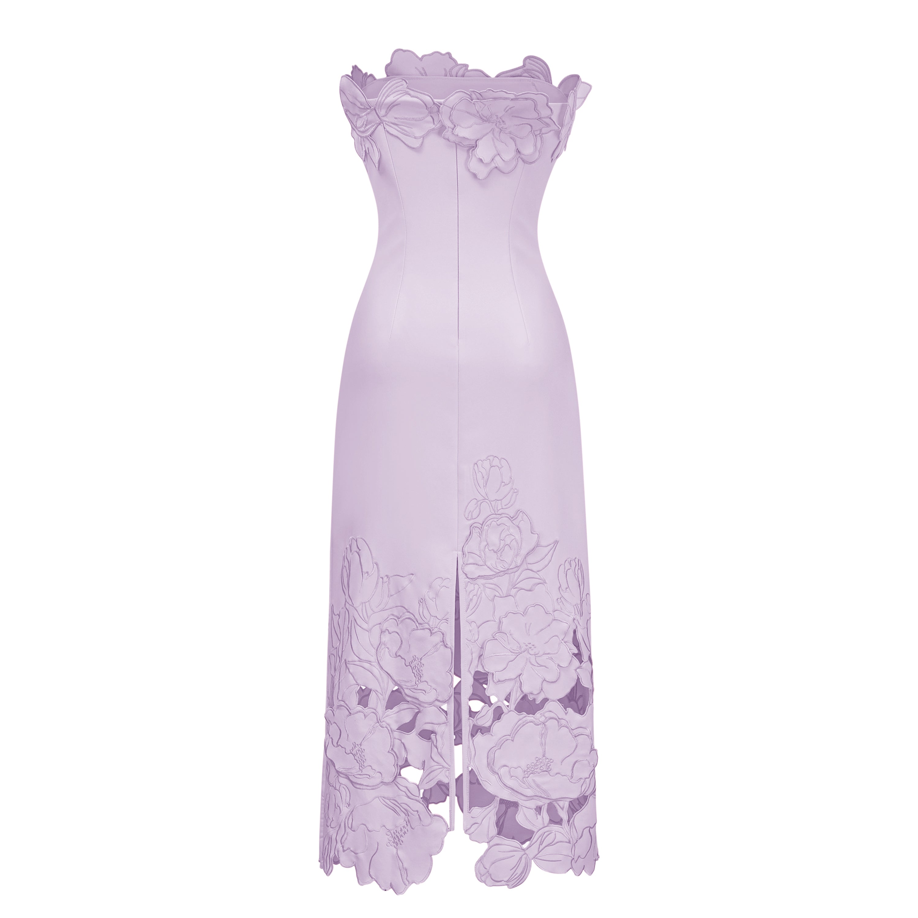 Vestido maxi sin tirantes en color púrpura con bordados florales de la marca Bridal, con diseño elegante y detalles ornamentales.