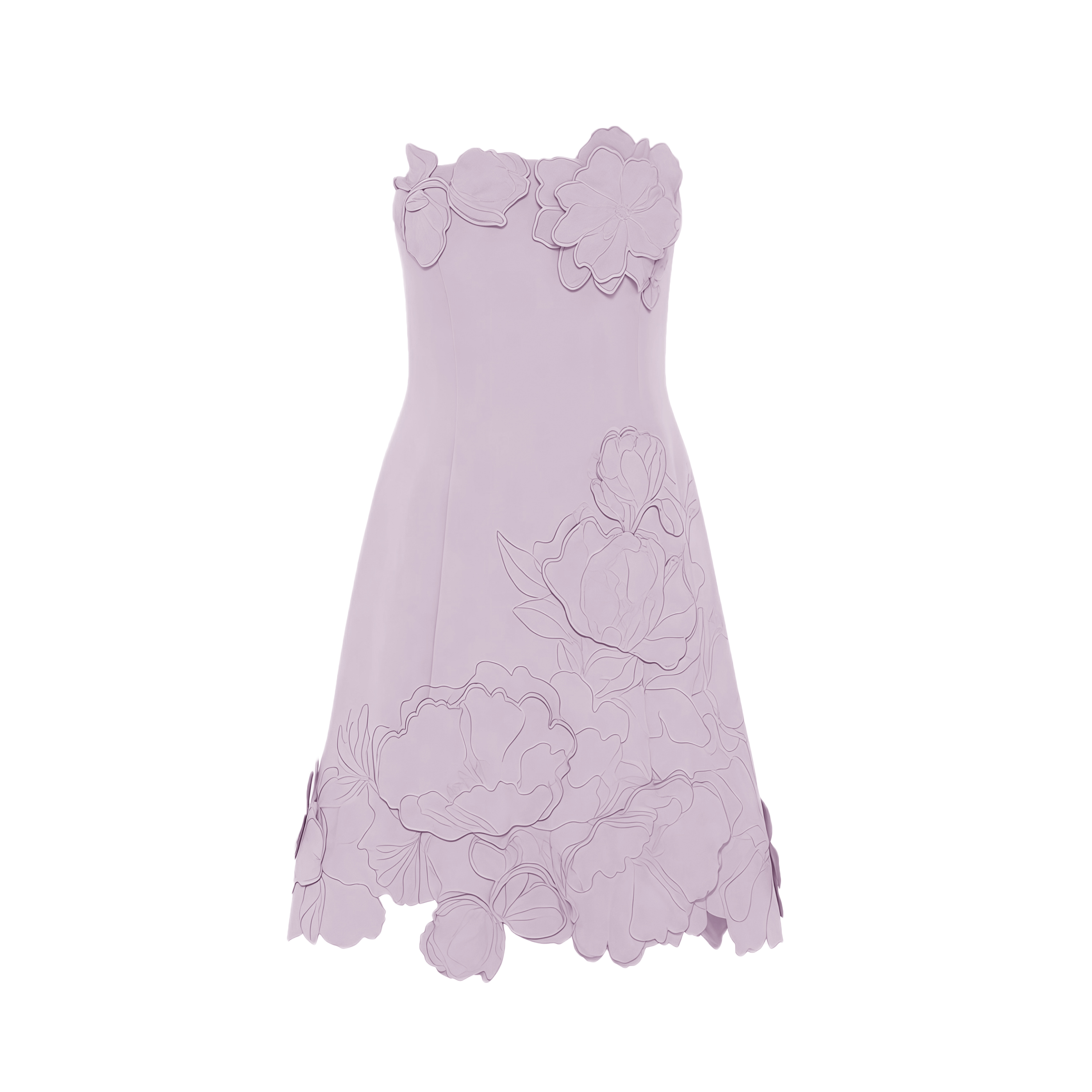 Vestido mini sin tirantes Inga de MRNewyork con bordado floral en color púrpura, ajustado y elegante.
