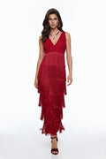 Vestido largo sin mangas rojo Isoldeia de encaje, estilo maxi, de la marca MRNewyork, con detalles elegantes y delicados.