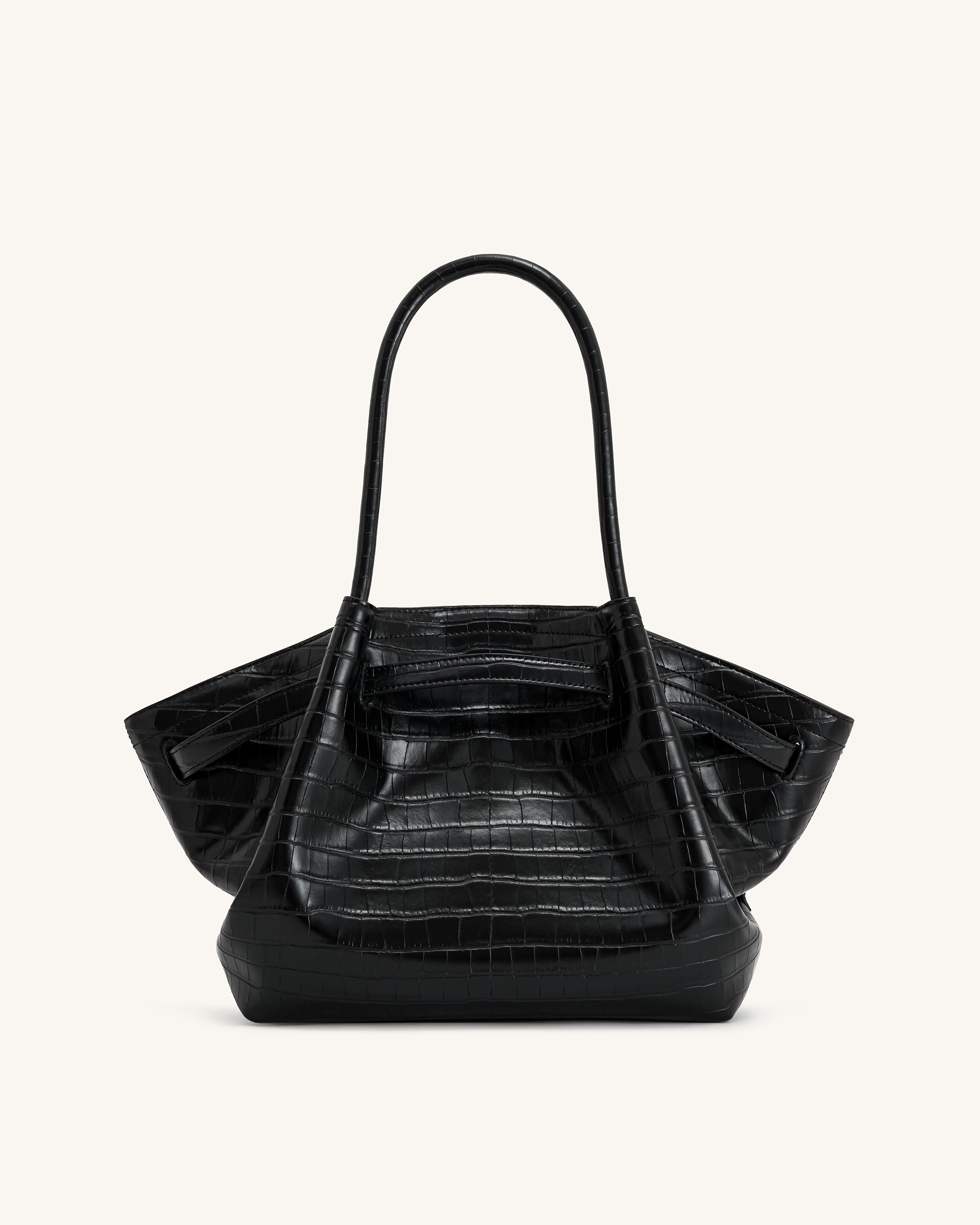 Bolso tote mediano Hana de JW PEI en color negro con textura de cocodrilo, vista trasera del bolso.
