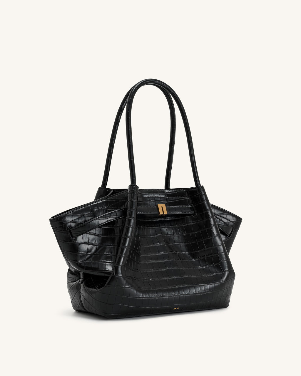 Bolso tote mediano Hana JW PEI en cuero negro con textura de cocodrilo, vista lateral del bolso.