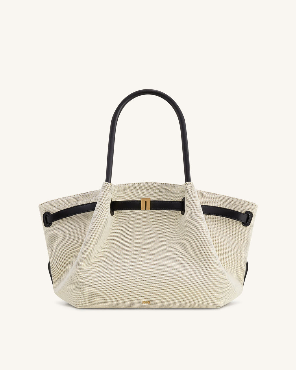 Bolso tote mediano Hana JW PEI en lona negra, vista frontal que muestra diseño amplio y asa resistente.