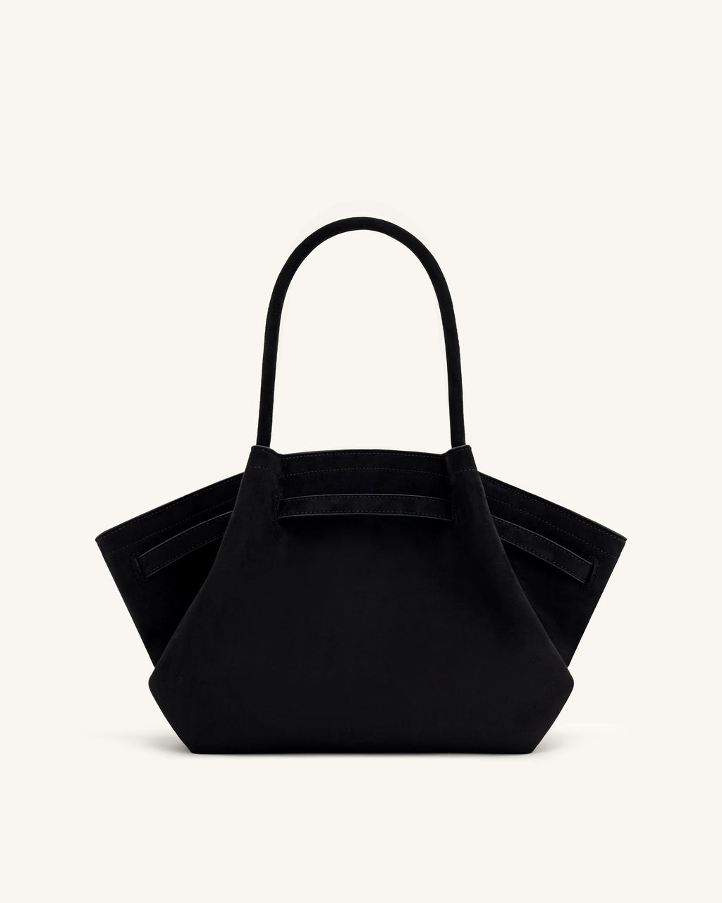 Bolso tote mediano JW PEI Hana de ante sintético negro, vista trasera con asas y detalles elegantes.