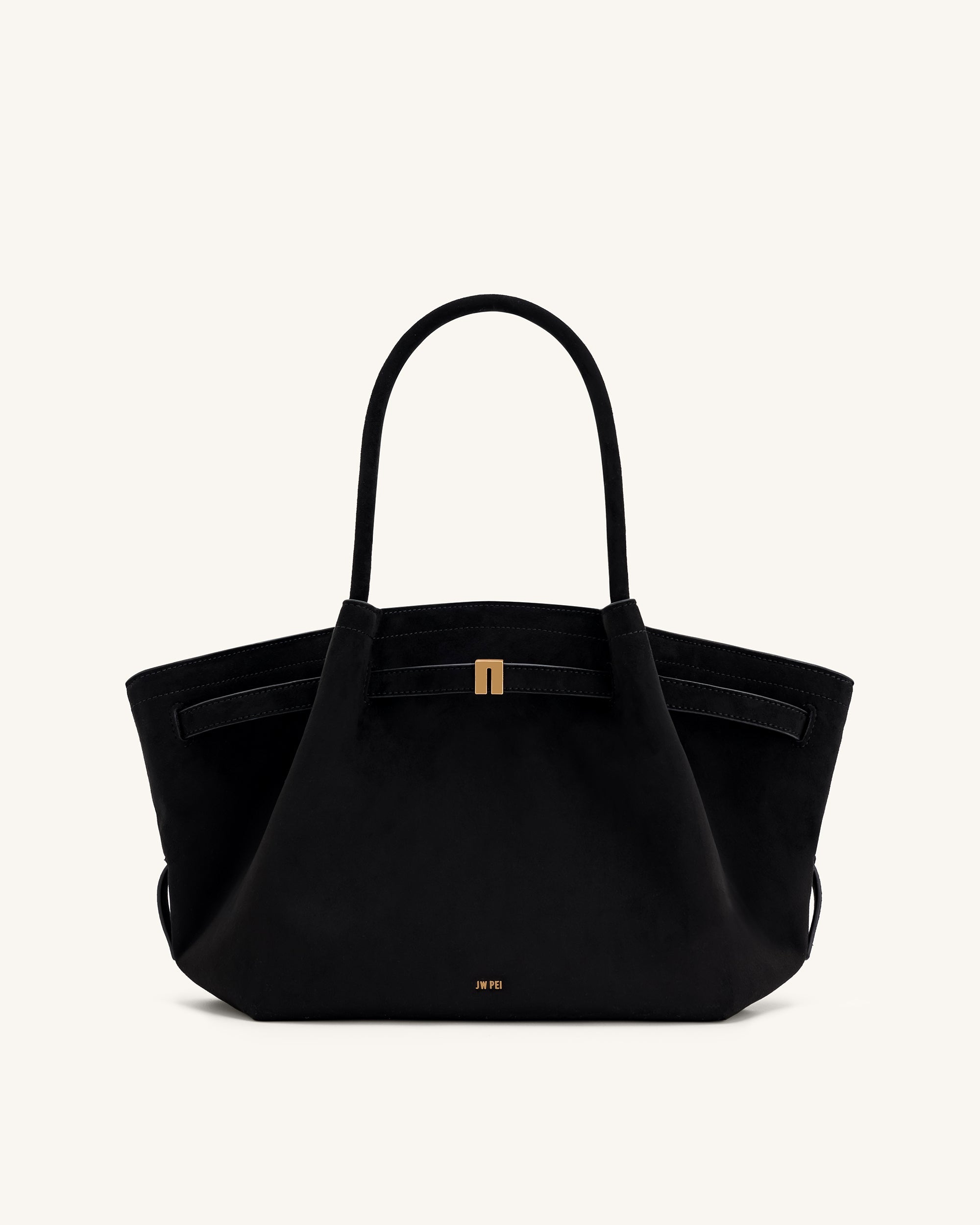 Bolso tote mediano JW PEI Hana en ante sintético negro, vista frontal mostrando diseño compacto y asa superior.