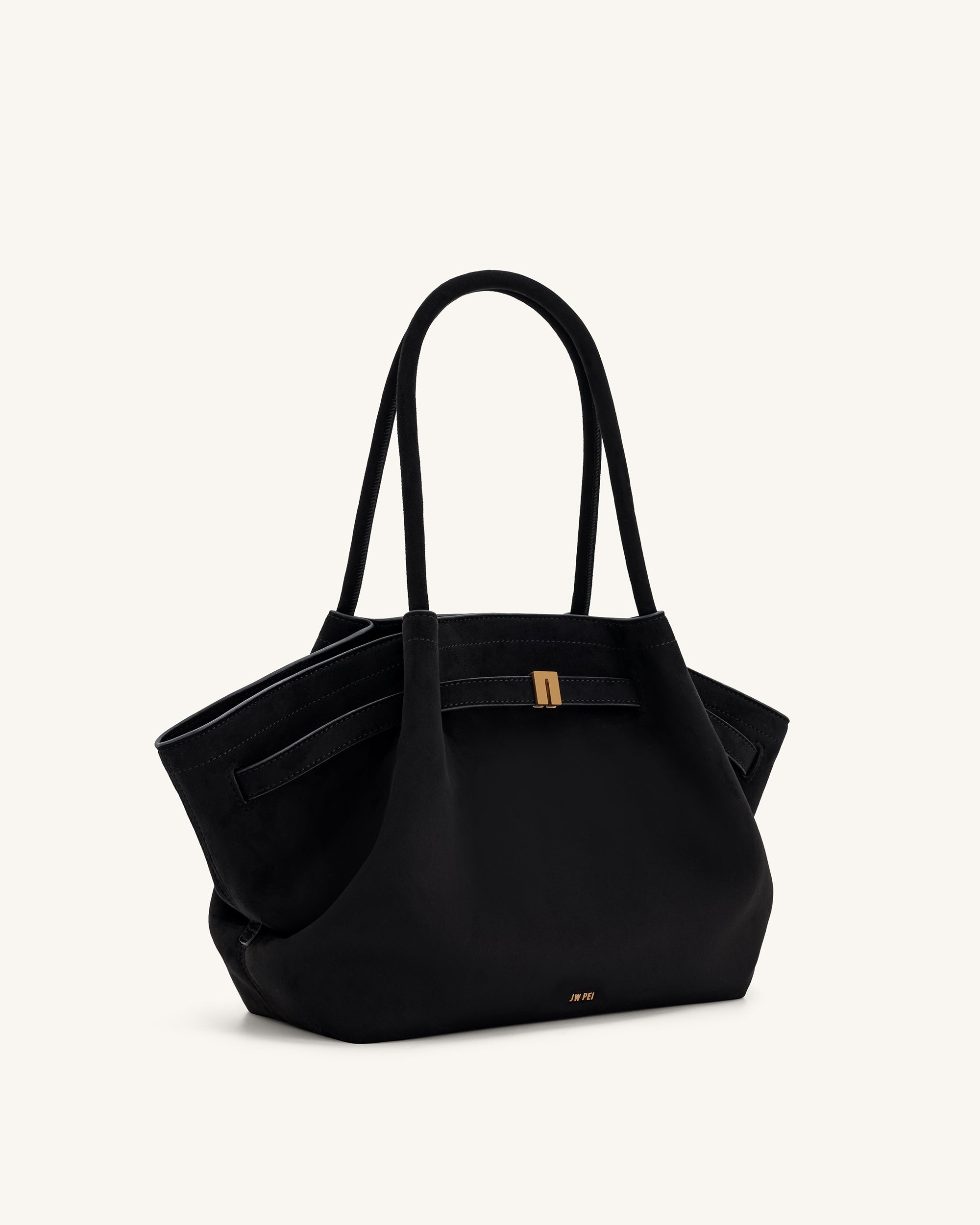 Bolso tote mediano JW PEI Hana enante de ante sintético negro, vista lateral con asas y diseño elegante.