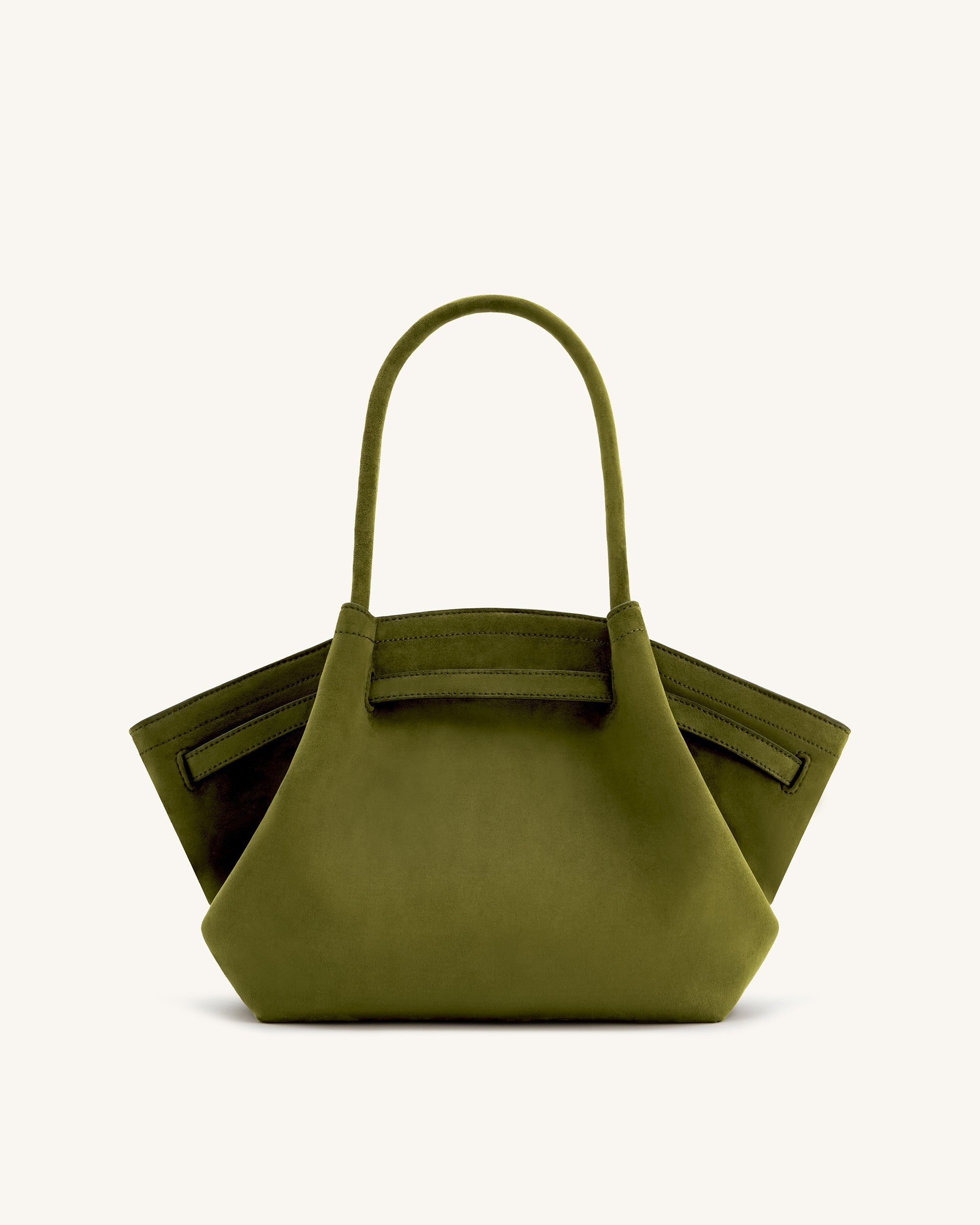 Bolso tote mediano JW PEI Hana en ante sintético color oliva oscuro, vista trasera con detalles de asas y diseño elegante.