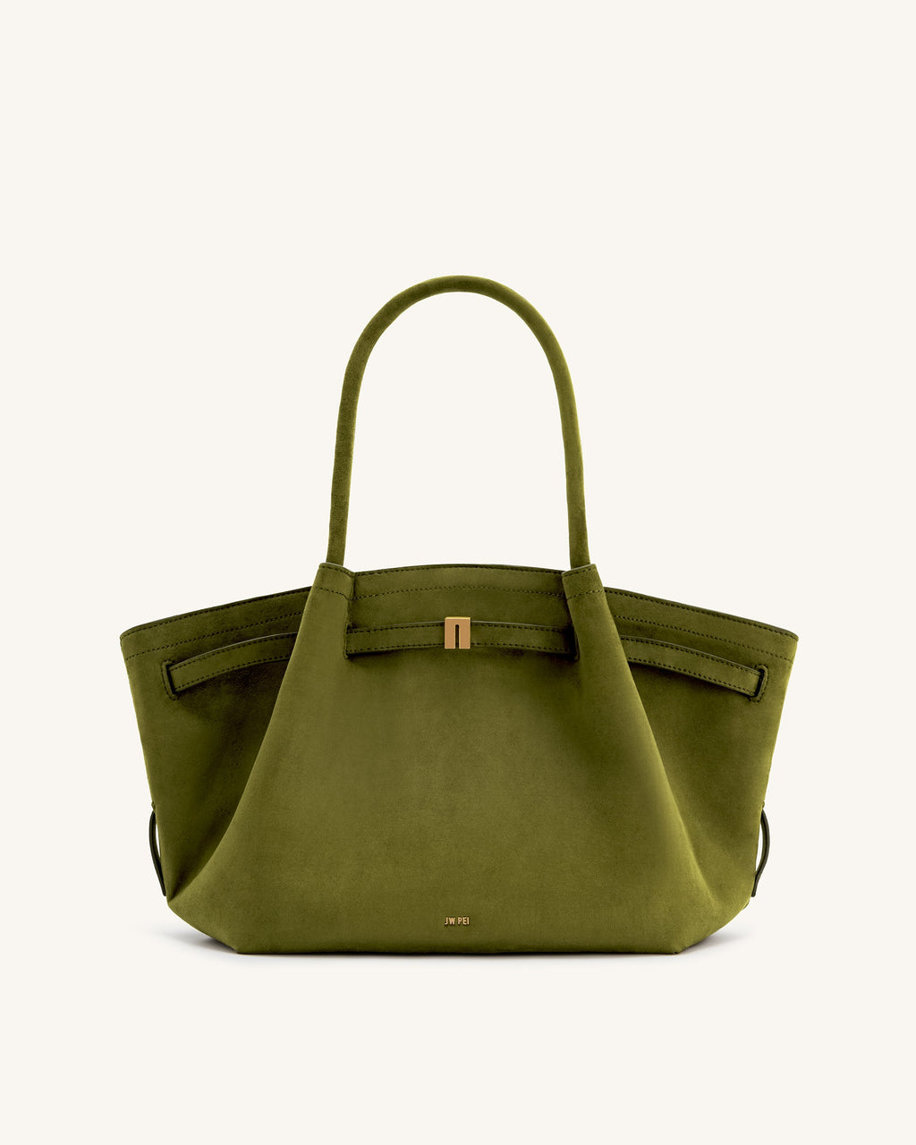 Bolso tote mediano JW PEI Hana de ante sintético en color oliva oscuro, vista frontal con asas y diseño elegante.