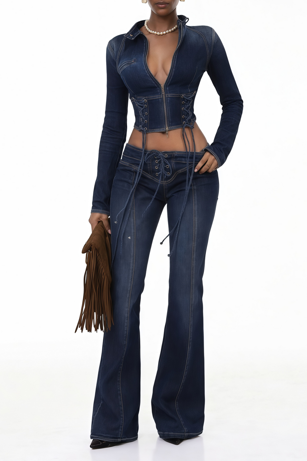 Conjunto de pantalón y top de mezclilla azul índigo con cordones, de MRTokyo, estilo co-ord en denim.