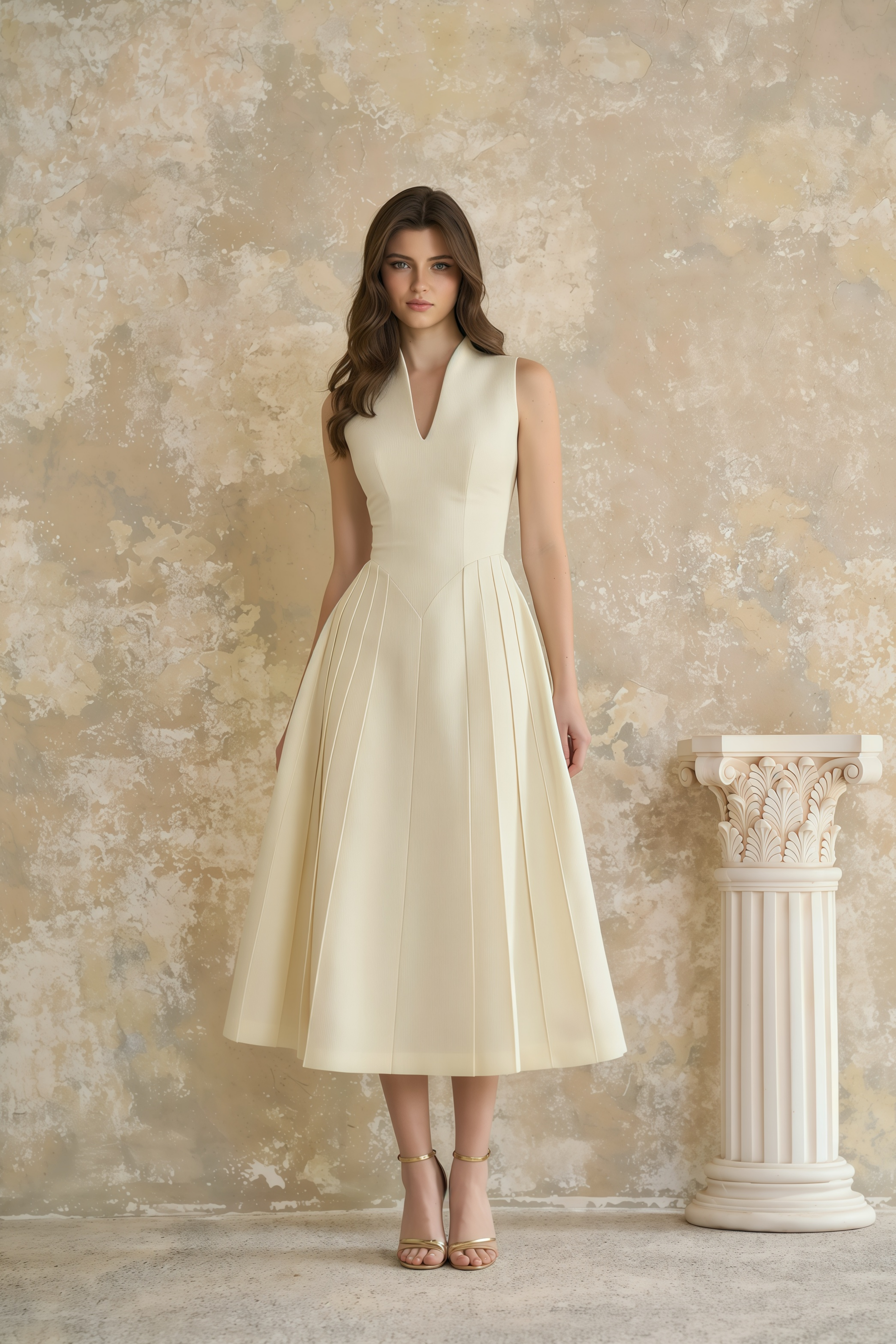Vestido midi de MRNewyork Lovisa Neutral con detalles de chal y fruncido, diseño elegante y sofisticado.