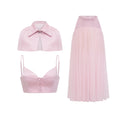Conjunto de top capa rosa y falda de tul de Bridal, vista frontal con detalles elegantes y románticos en tonos rosados.