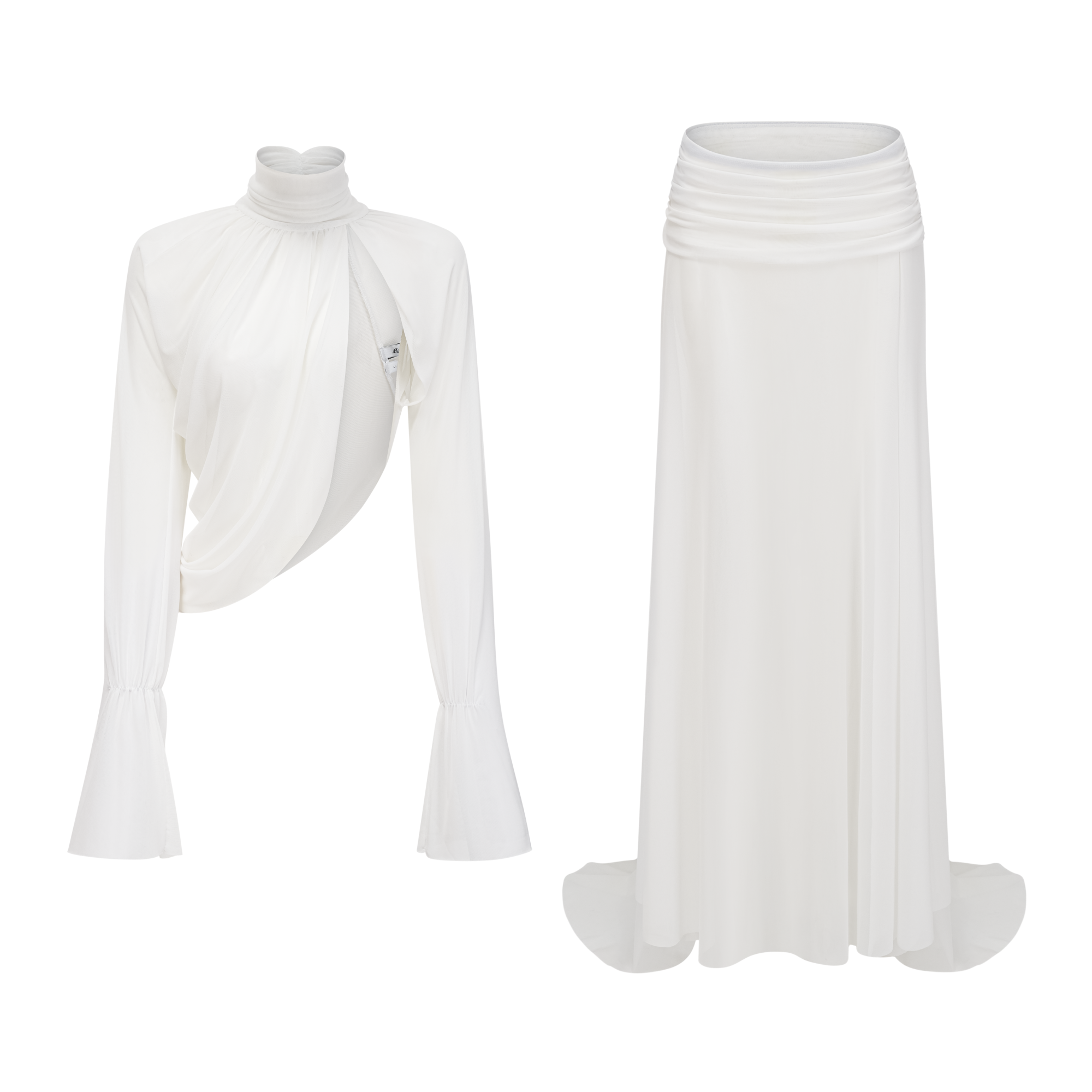 Conjunto de top y falda blanca de cuello alto con recortes de Bridal, diseño elegante y moderno para ocasiones formales.