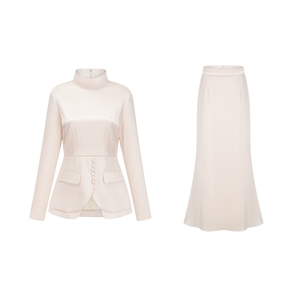 Conjunto de blusa de cuello alto neutral y falda sirena de Bridal, elegante conjunto para ocasiones especiales.