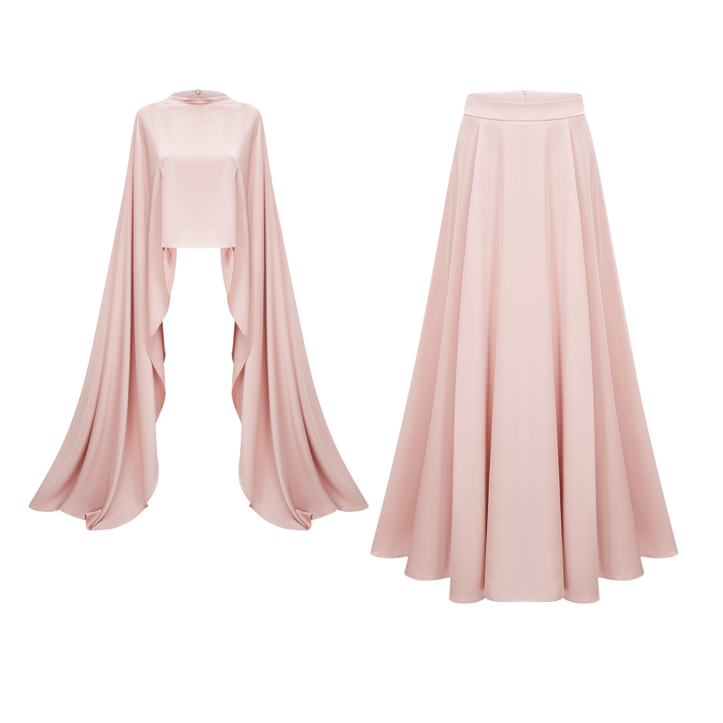 Conjunto de seda Champagne Everleigh con top y falda, manga capa, vestido de novia elegante y sofisticado.