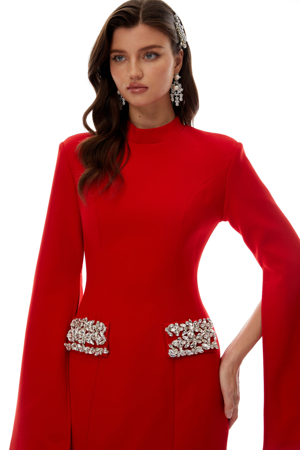 Manon Red Mock Neck Embellished Mini Dress