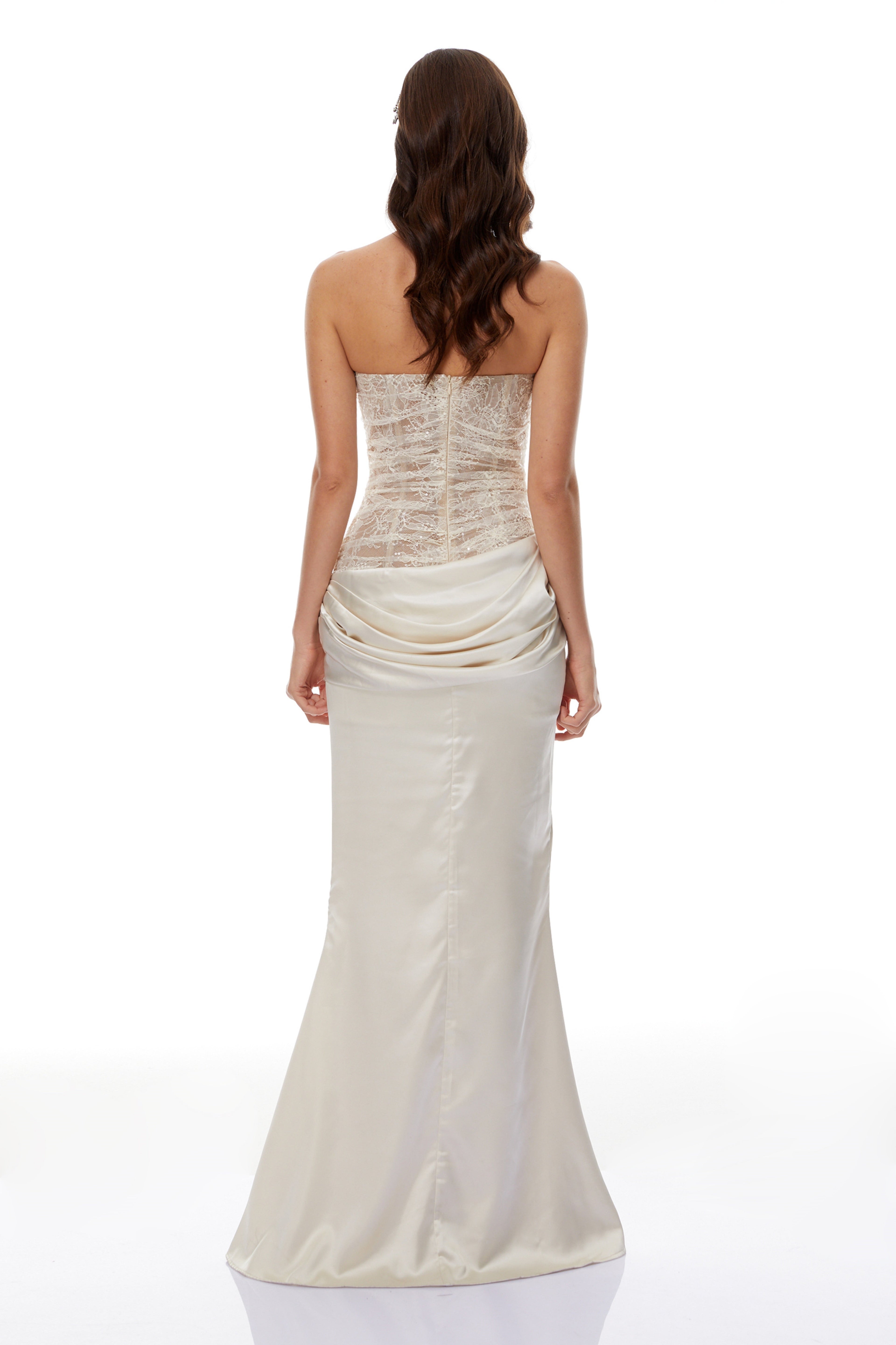 Marietjie Champagne Asymmetrical Maxi Dress with Satin Panels