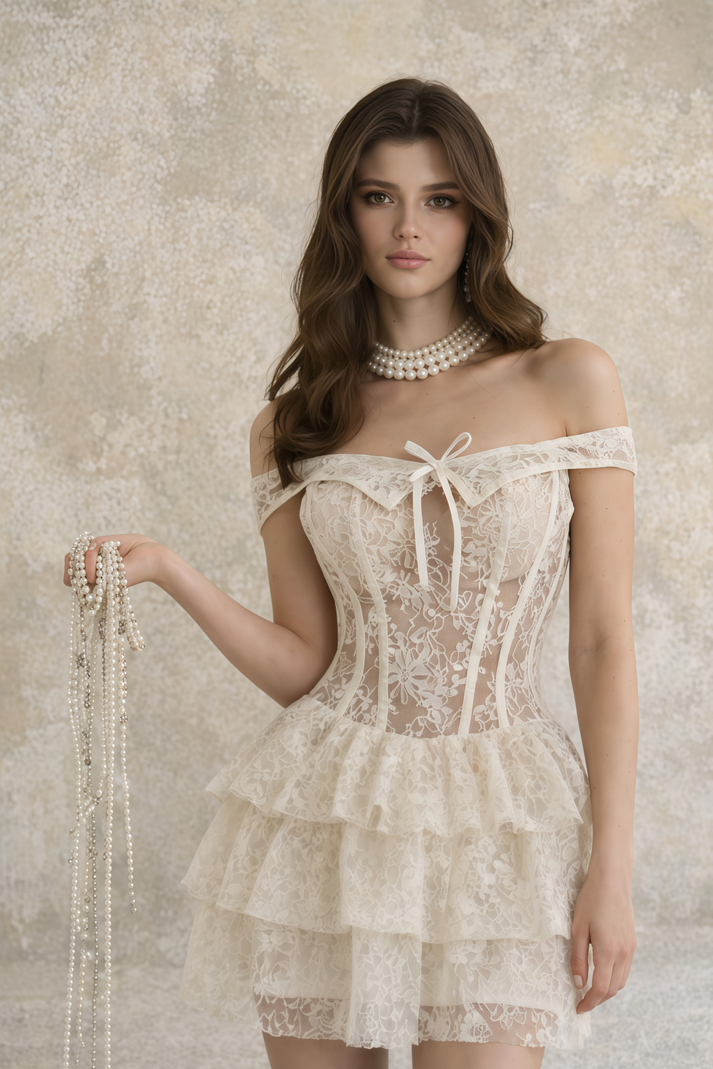 Vestido mini de encaje floral en tonos neutros de MRNewyork, con diseño elegante y detalles delicados en la parte superior.