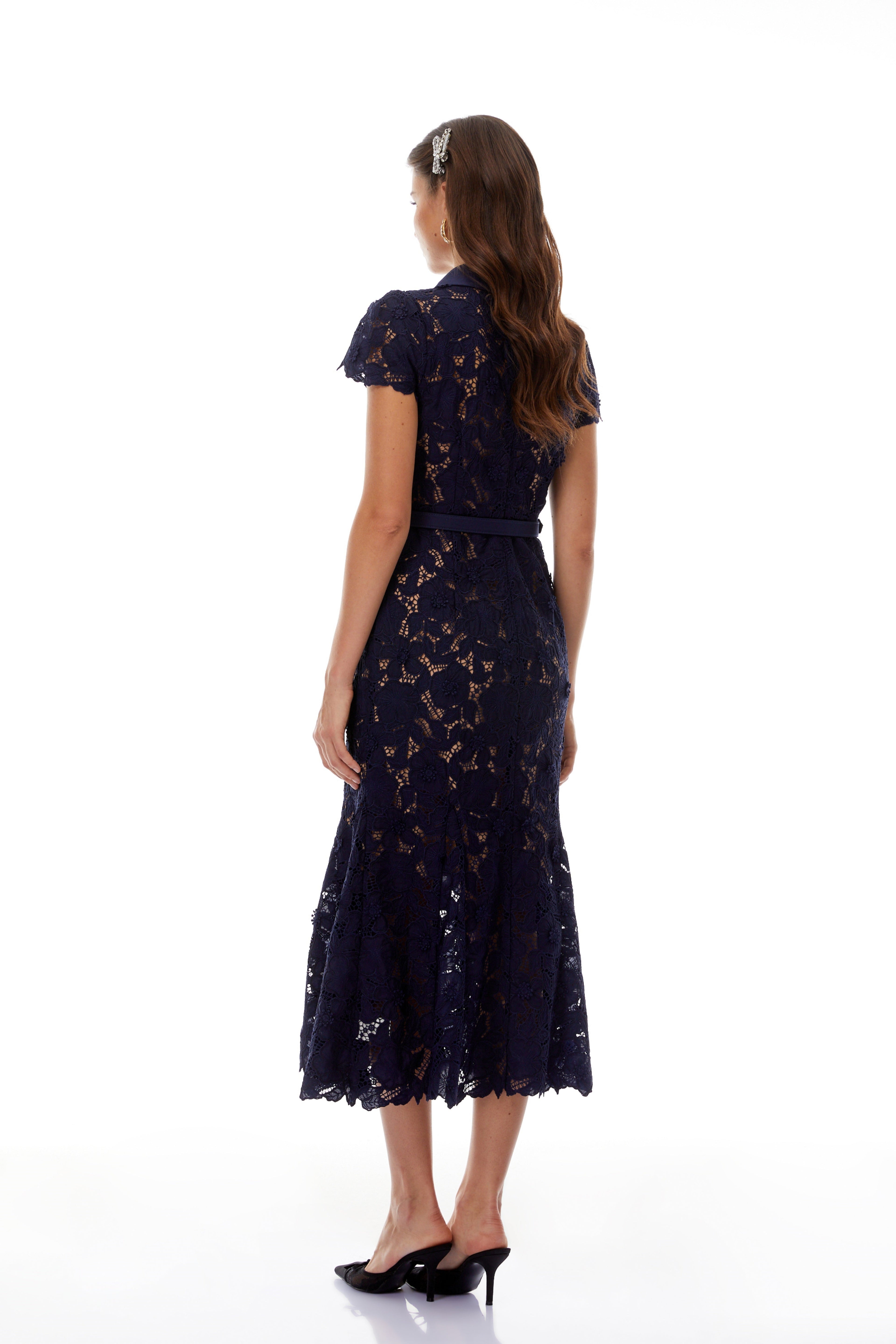 Marlene Navy Blue Floral Lace Midi Dress