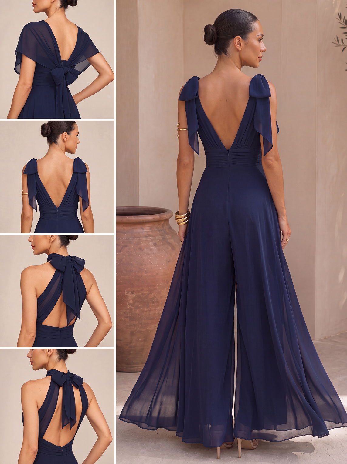 Abito tuta lunga con scollo all'americana e sciarpa in chiffon
