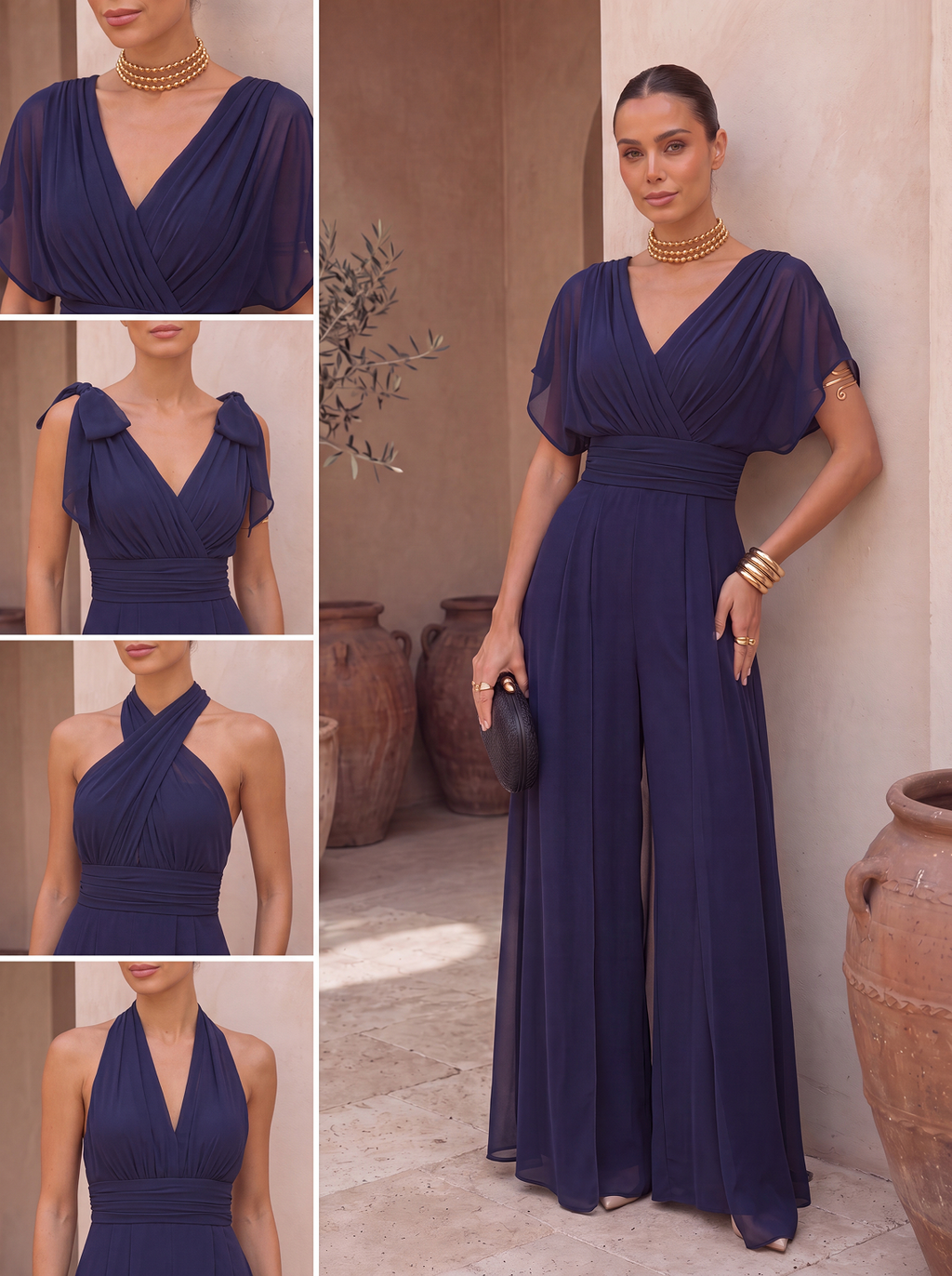 Abito tuta lunga con scollo all'americana e sciarpa in chiffon