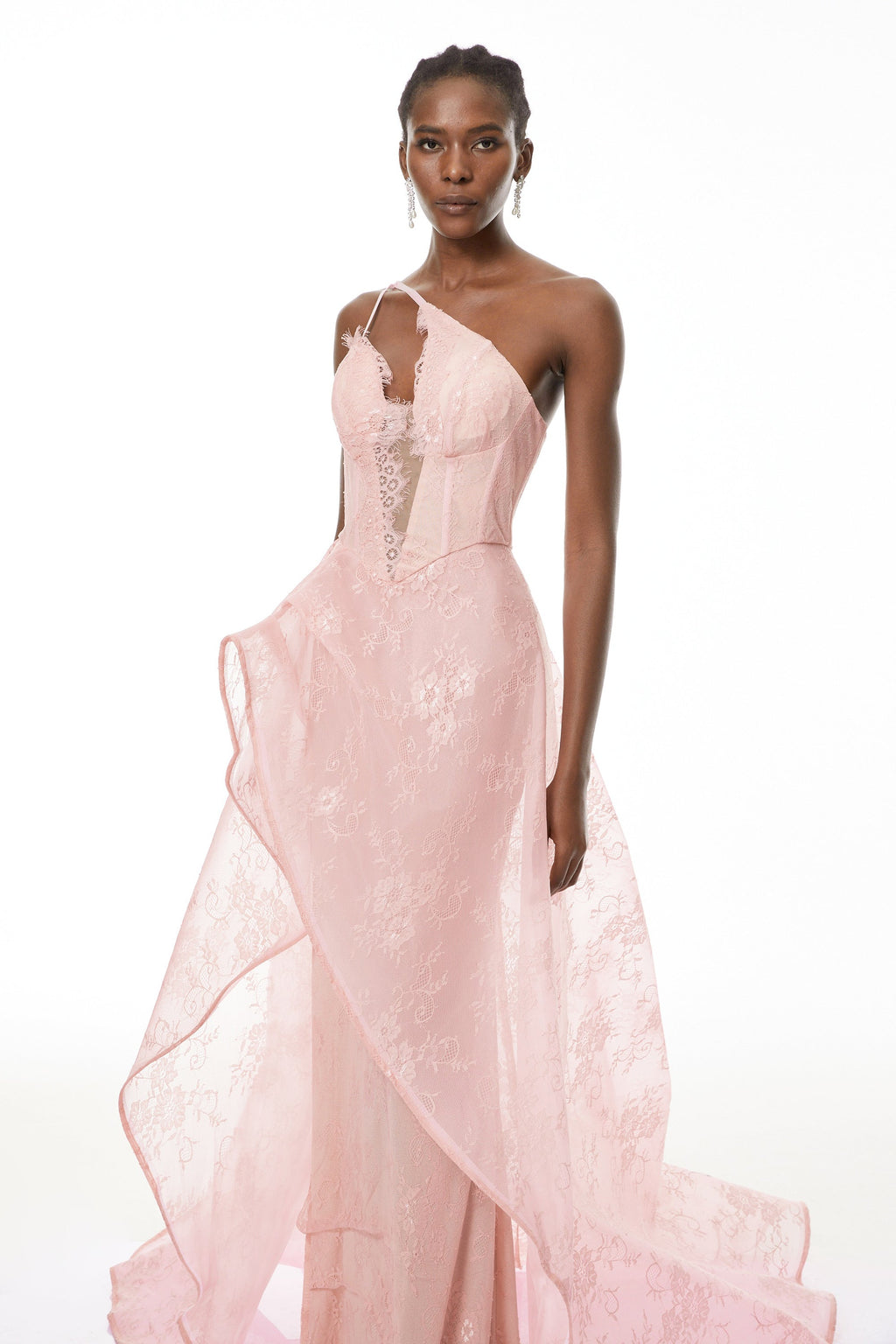 Ricarda Pink One Shoulder Lace Maxi Dress
