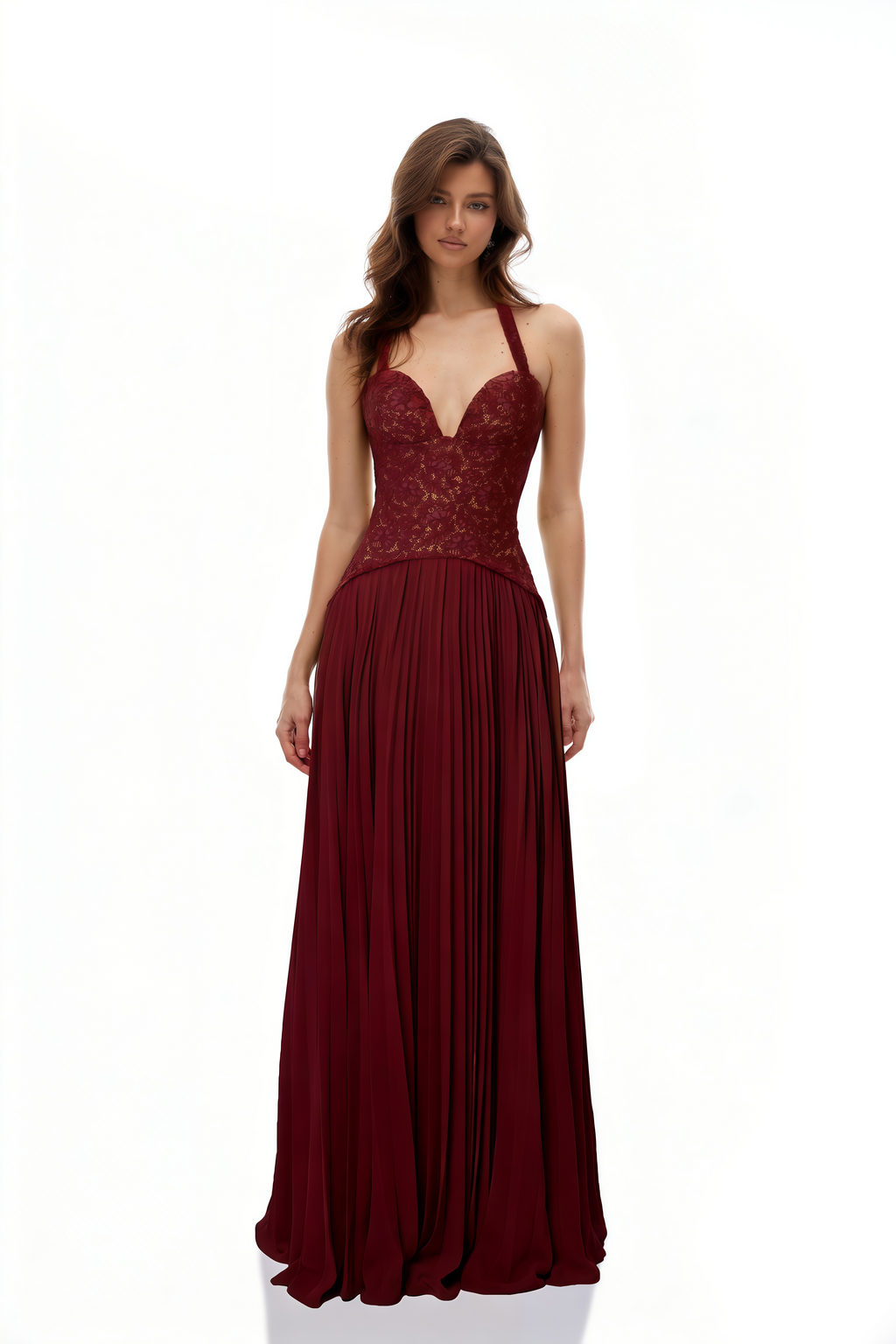 Vestido de novia Ronja Ruby Red con corsé ajustado y falda larga, en color rojo intenso, diseñado por Bridal.