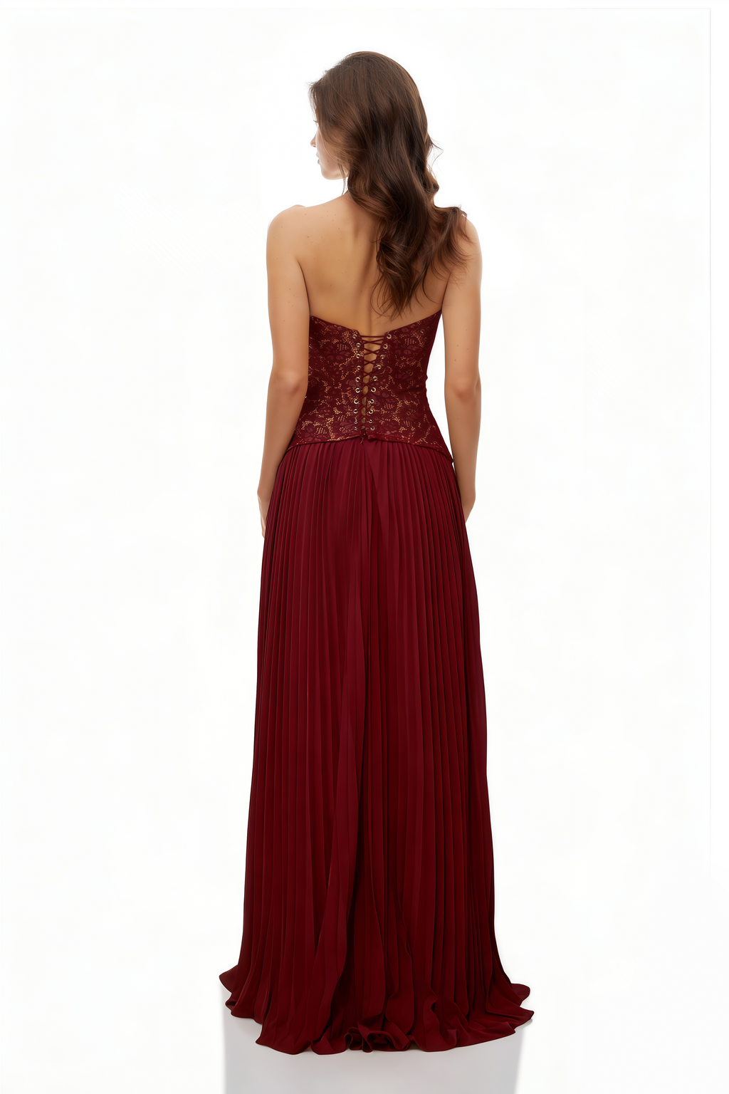 Vestido largo Ronja Ruby Red Corset de MRNewyork con corsé ajustado y falda fluida en color rojo intenso.