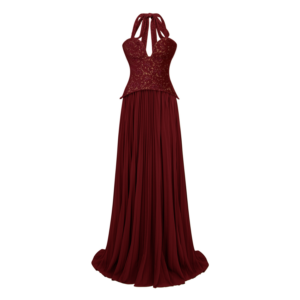 Vestido de novia Ronja Ruby Red Corset de MRNewyork, vestido largo con corpiño ajustado y faldón fluido en color rojo rubí.