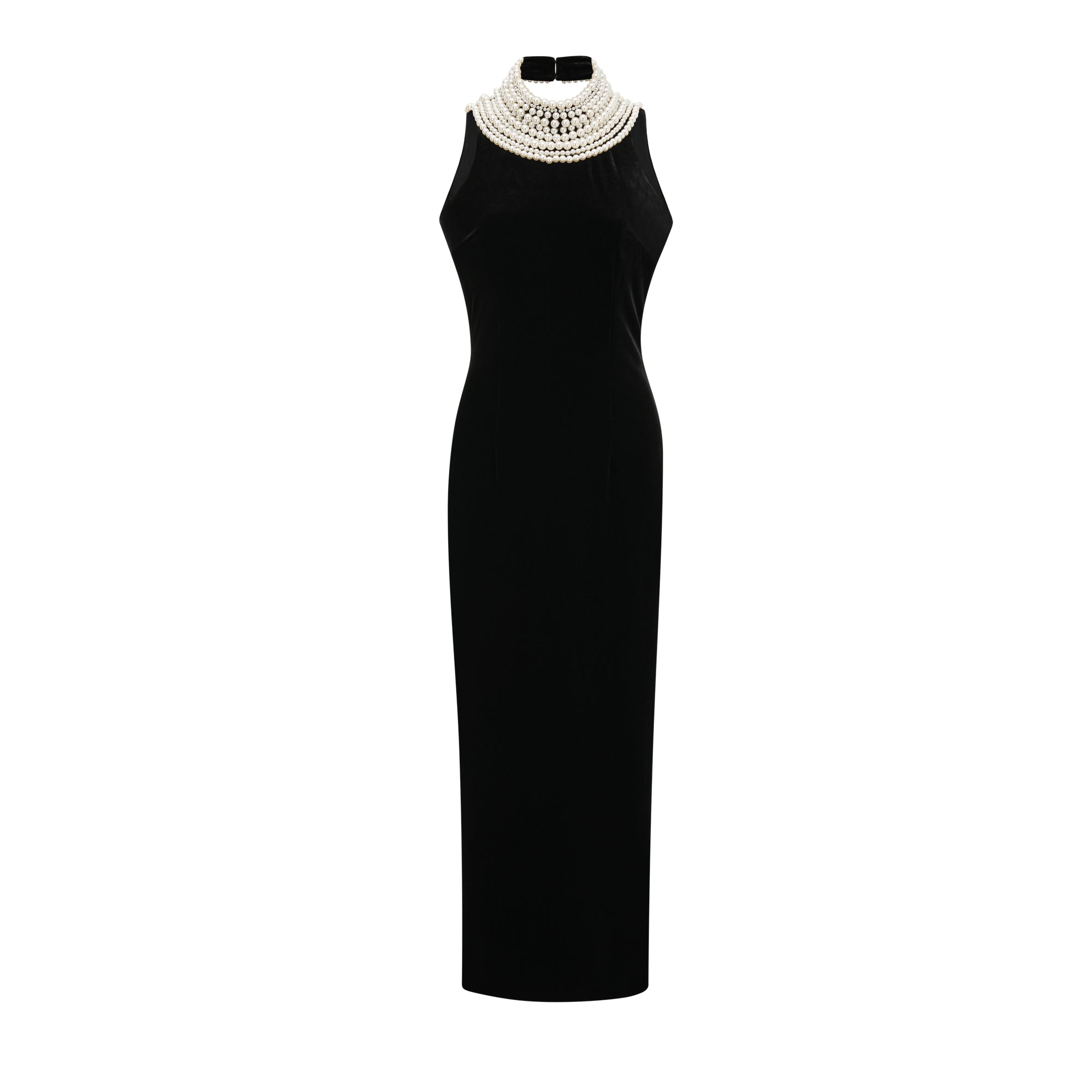 Vestido de terciopelo con perlas falsas de la marca Final Sale, con detalles elegantes y un diseño sofisticado en color oscuro.