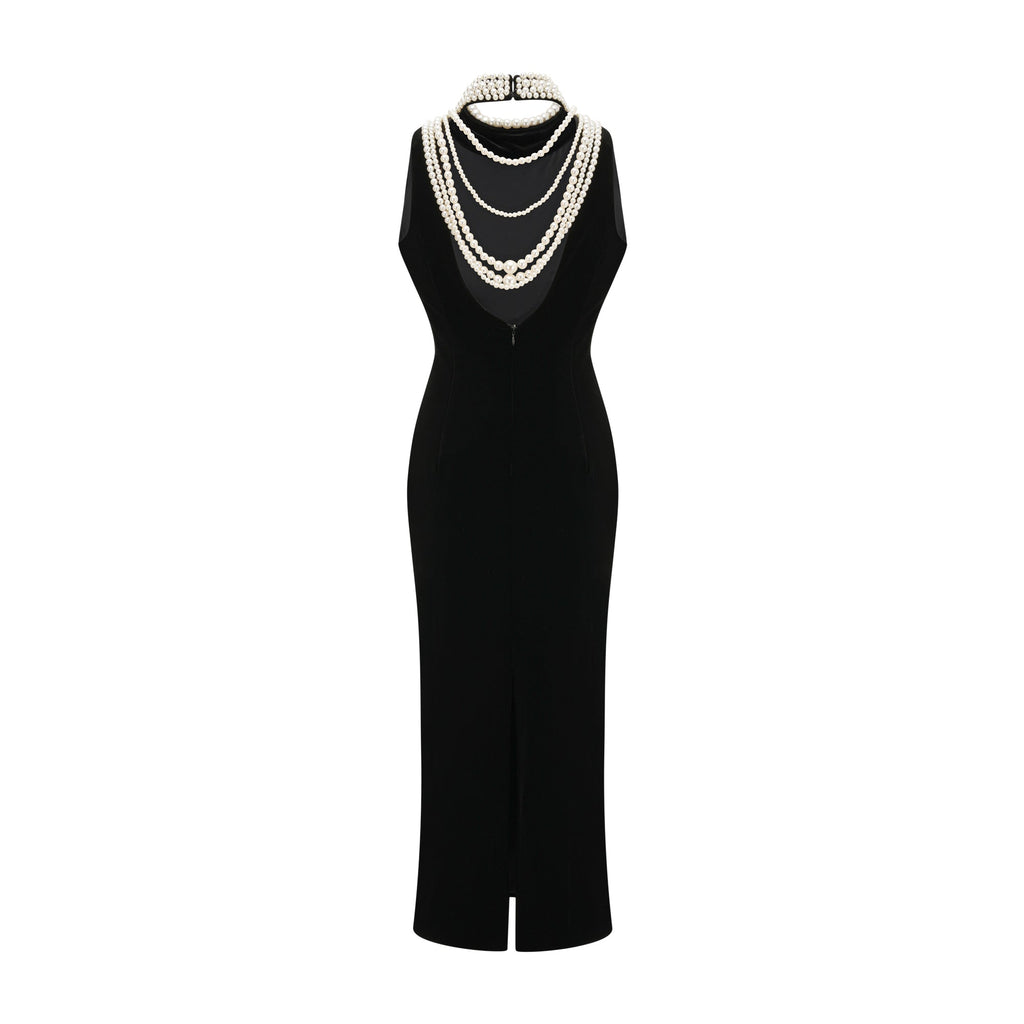 Vestido de terciopelo con perlas falsas de la marca Final Sale, color azul, con detalles elegantes y corte ajustado.